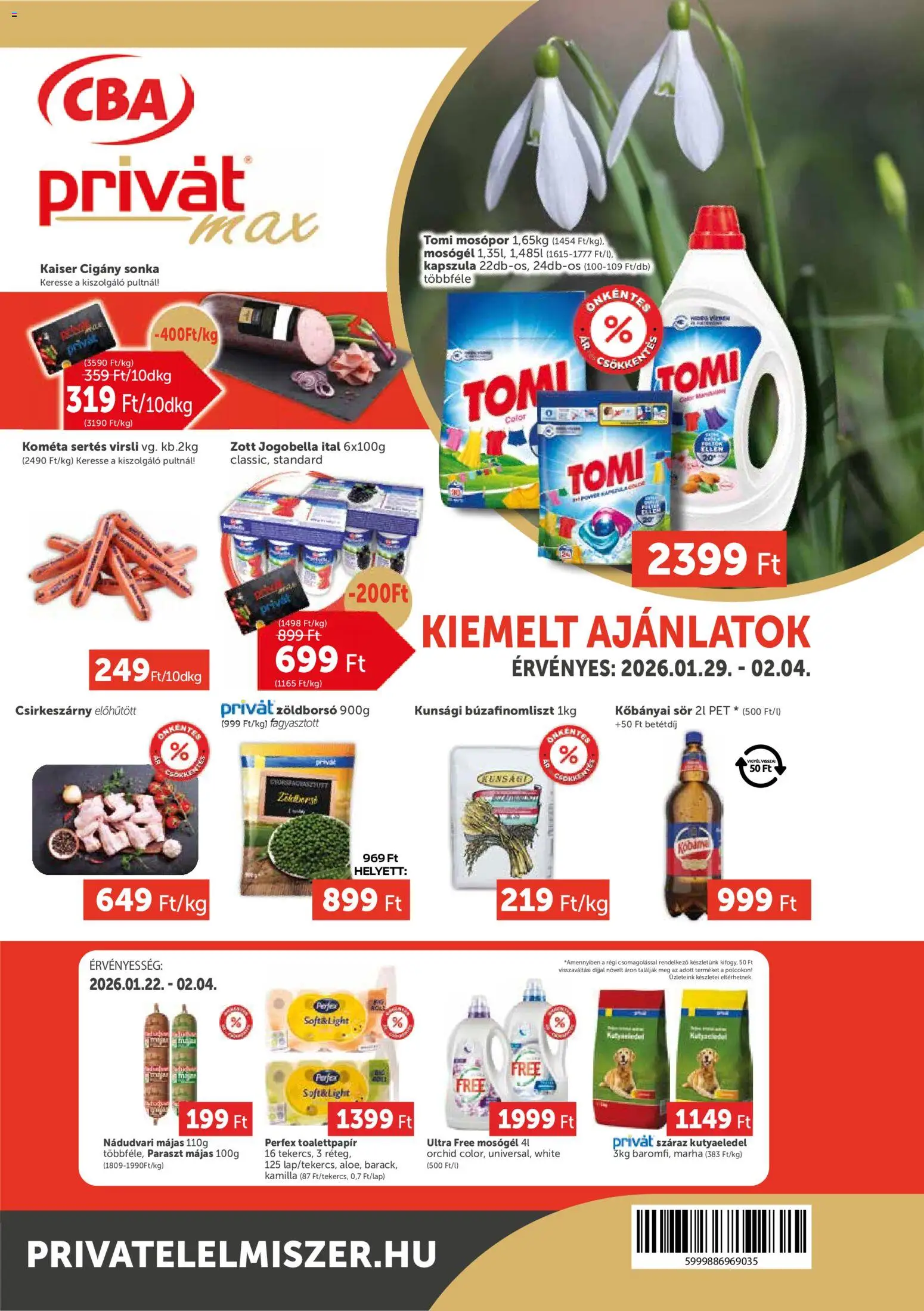 PRIVÁT akciós ujság - amely érvényes a következő dátumtól: 29.01.2026 | Oldal: 1 | Termékek: Kutyaeledel, Sonka, Sör, Mosópor