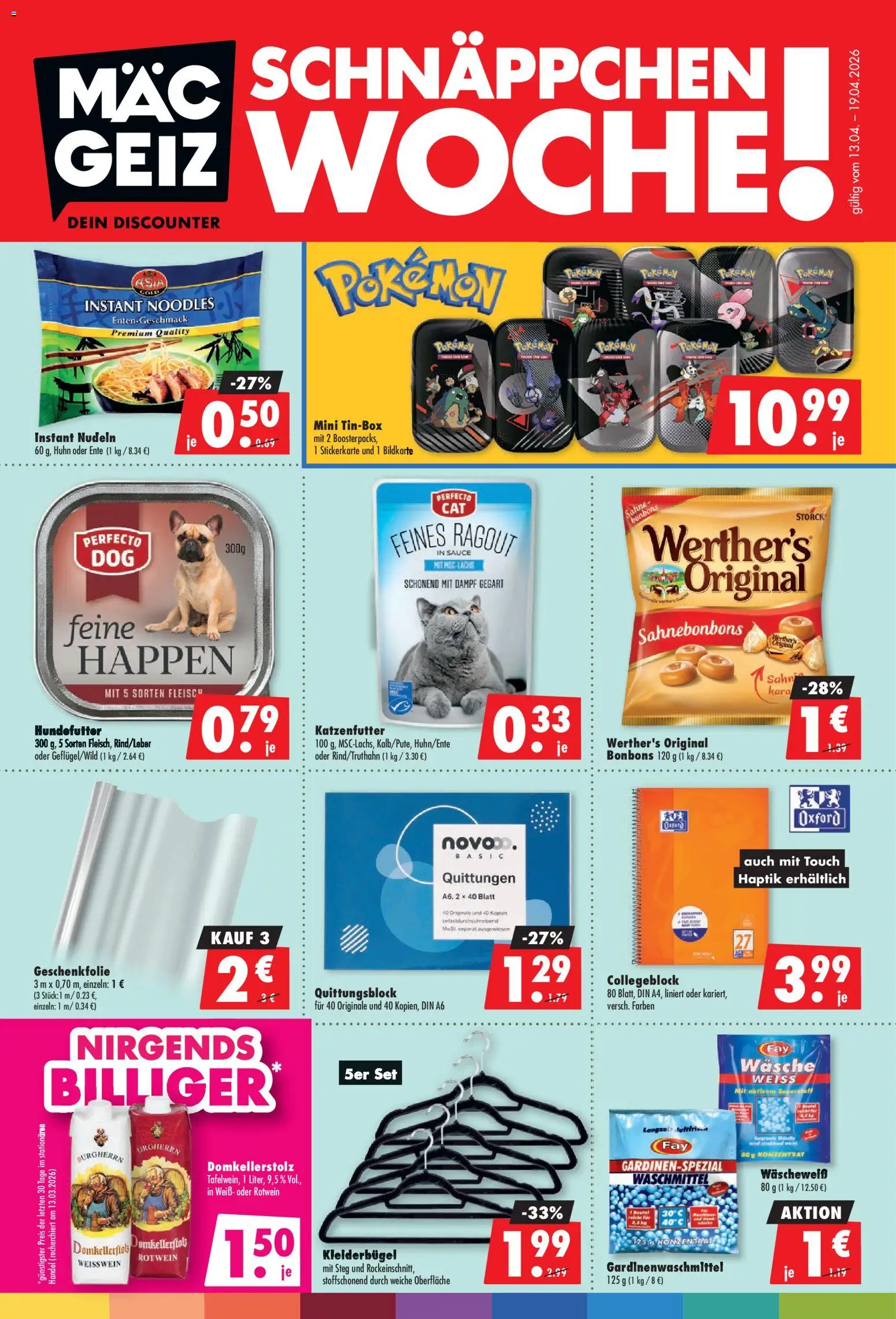 Mäc Geiz Prospekt 	 – gültig ab 13.04.2026 | Seite: 1 | Produkte: Katzenfutter, Rotwein, Kleiderbügel, Sahne