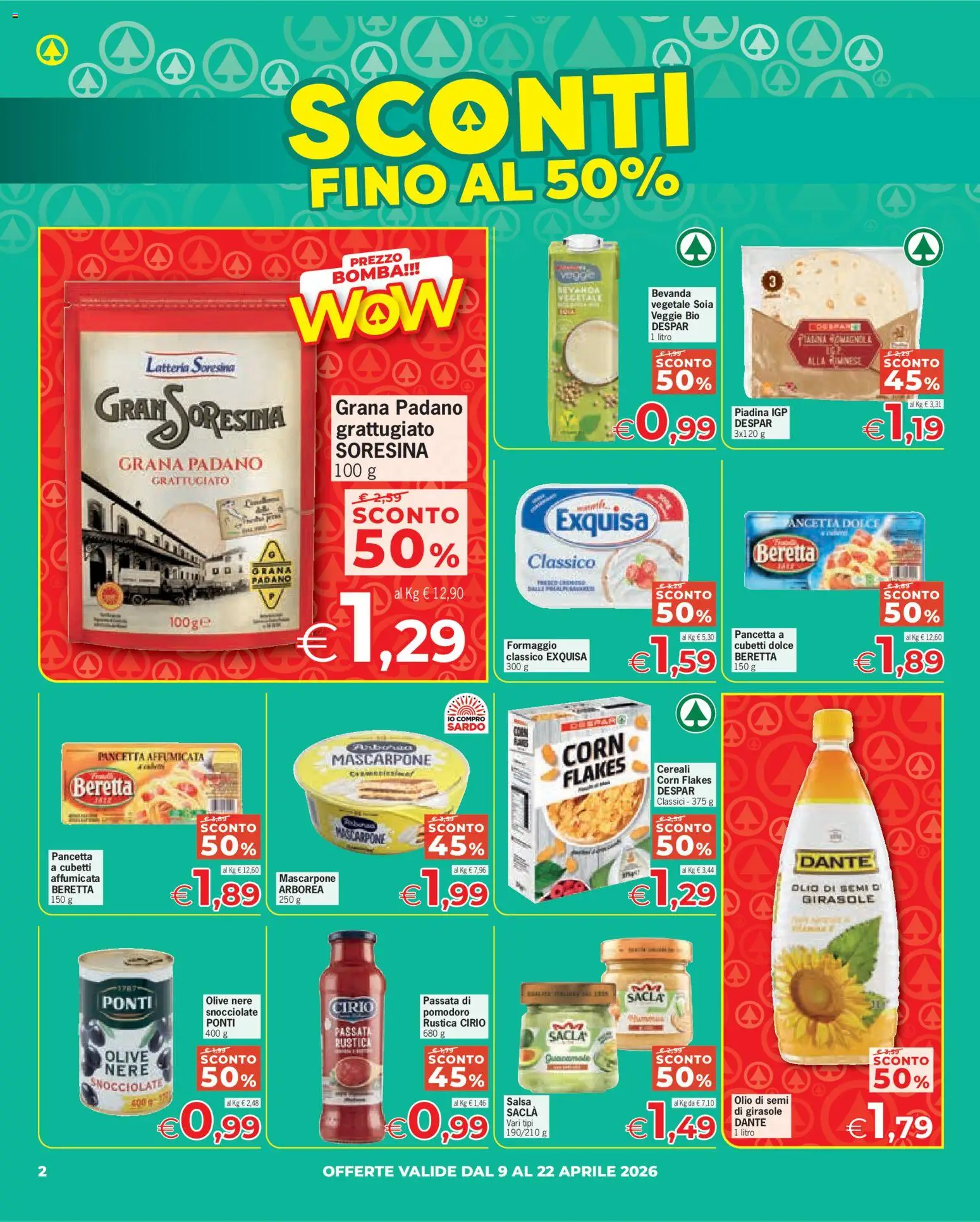 Volantino Eurospar del 09.04.2026 | Pagina: 2 | Prodotti: Cereali, Olio, Grana Padano, Mascarpone