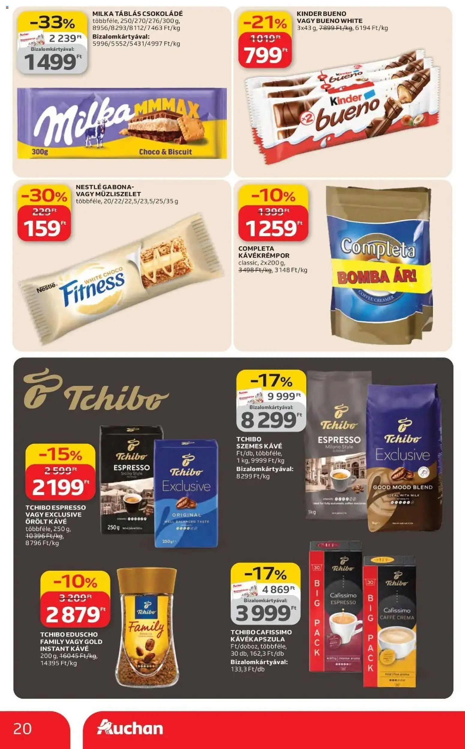 Auchan akciós ujság - amely érvényes a következő dátumtól: 19.03.2026 | Oldal: 20 | Termékek: Kávékapszula, Cafissimo, Csokoládé, Instant kávé