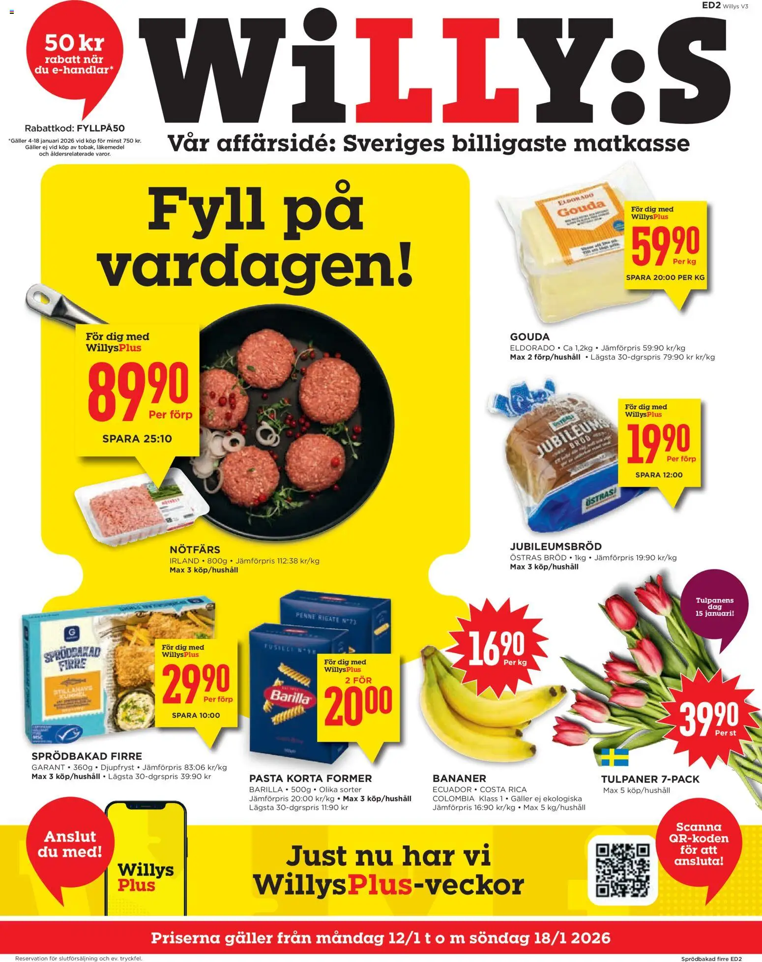 Willys reklamblad aktuell från 12.01.2026 | Sida: 1 | Produkter: Nötfärs, Galler, Bröd, Pasta