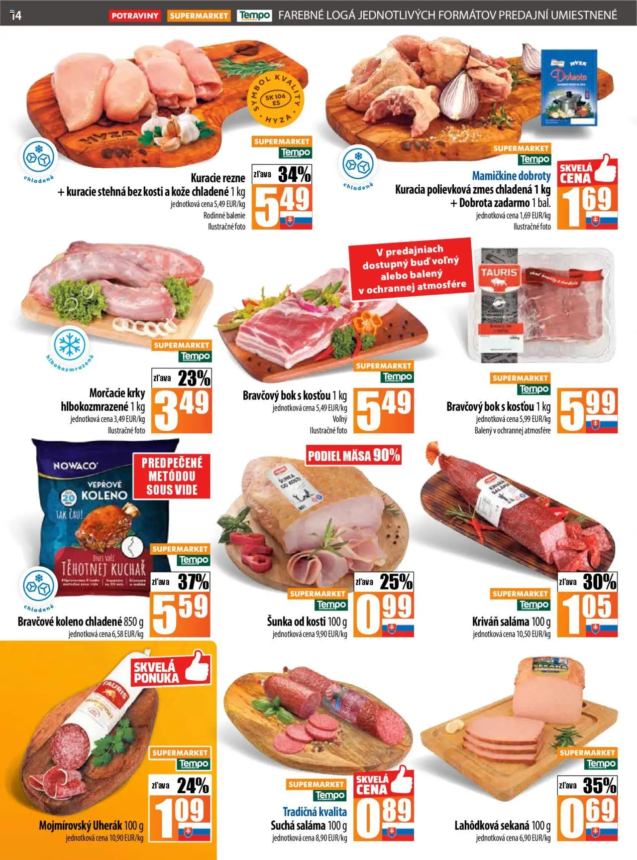 Nové COOP Jednota akcie – leták je platný od 09.10.2025 | Strana: 14 | Produkty: Saláma, Šunka, Bravčové koleno, Kuracie rezne