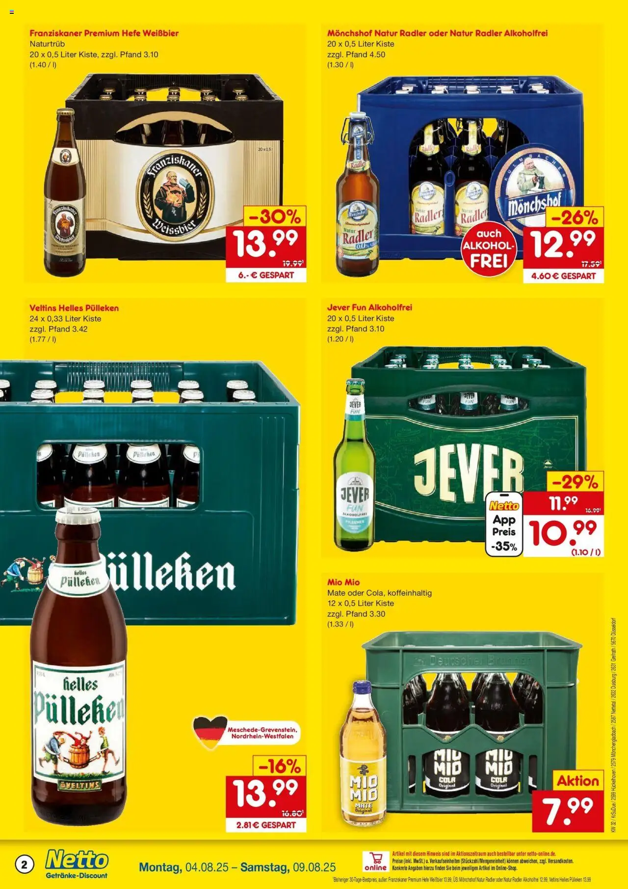 Netto Marken-Discount prospekt Hückelhoven-Baal	 - gültig ab dem 04.08.2025 | Seite: 2 | Produkte: Helles pulleken, Franziskaner, Mio mio mate, Hefe weissbier