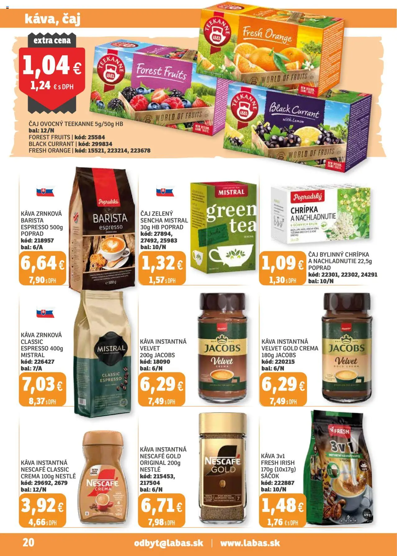 Nové Labaš akcie – leták je platný od 03.10.2025 | Strana: 20 | Produkty: Jacobs Velvet, Barista, Teekanne, Nescafé Classic