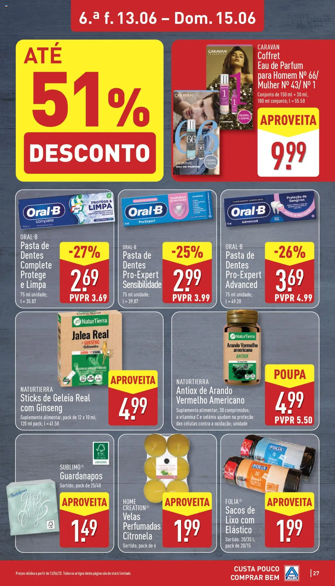 Aldi folheto │ válido de 09.06.2025 | Página: 27 | Produtos: Guardanapos, Pasta de dentes, Vitamina c, Velas