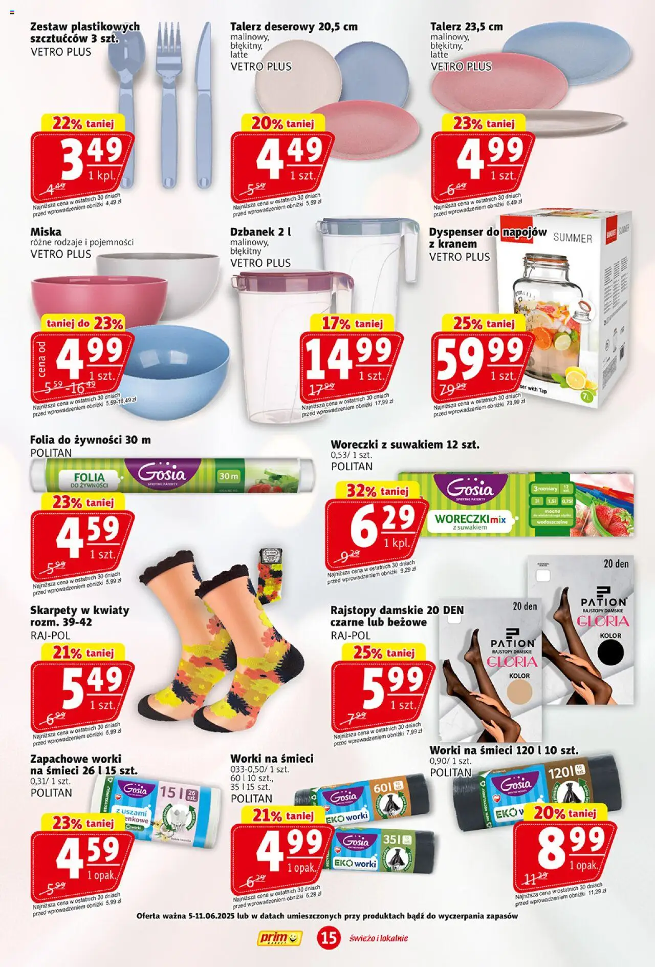 Prim Market Gazetka od 05.06.2025 | Strona: 15 | Produkty: Skarpety, Dzbanek, Woreczki z suwakiem, Kwiaty