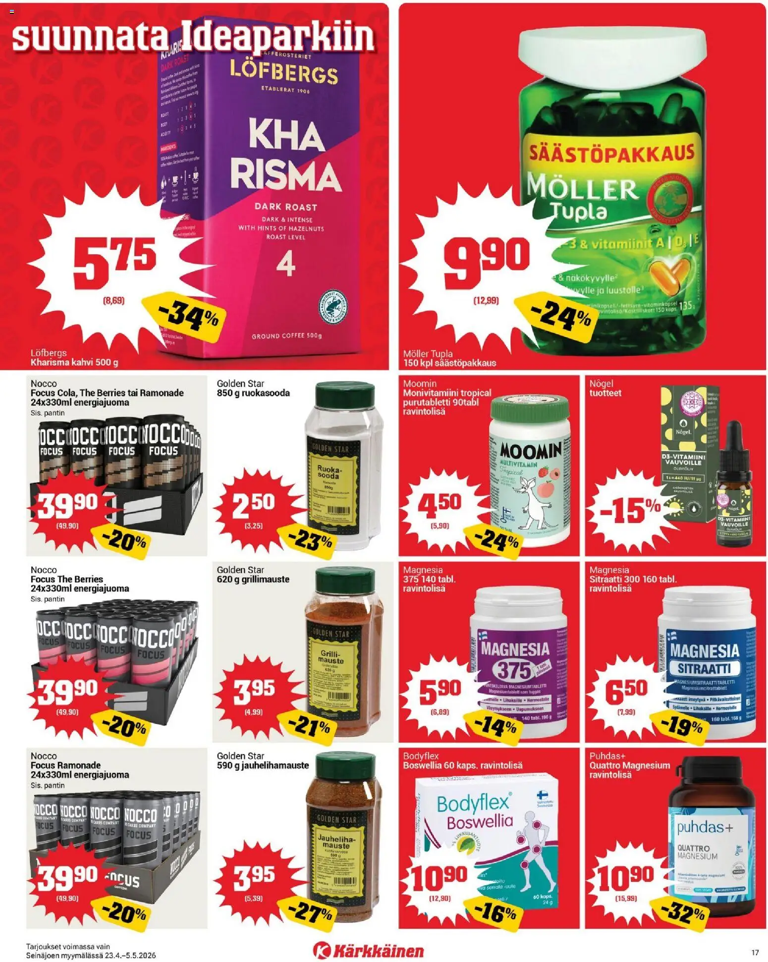 Kärkkäinen tarjoukset - Seinäjoen alue – voimassa 23.04.2026 alkaen | Sivu: 17 | Tuotteet: Grilli, Jauheliha, Energiajuoma, Kahvi
