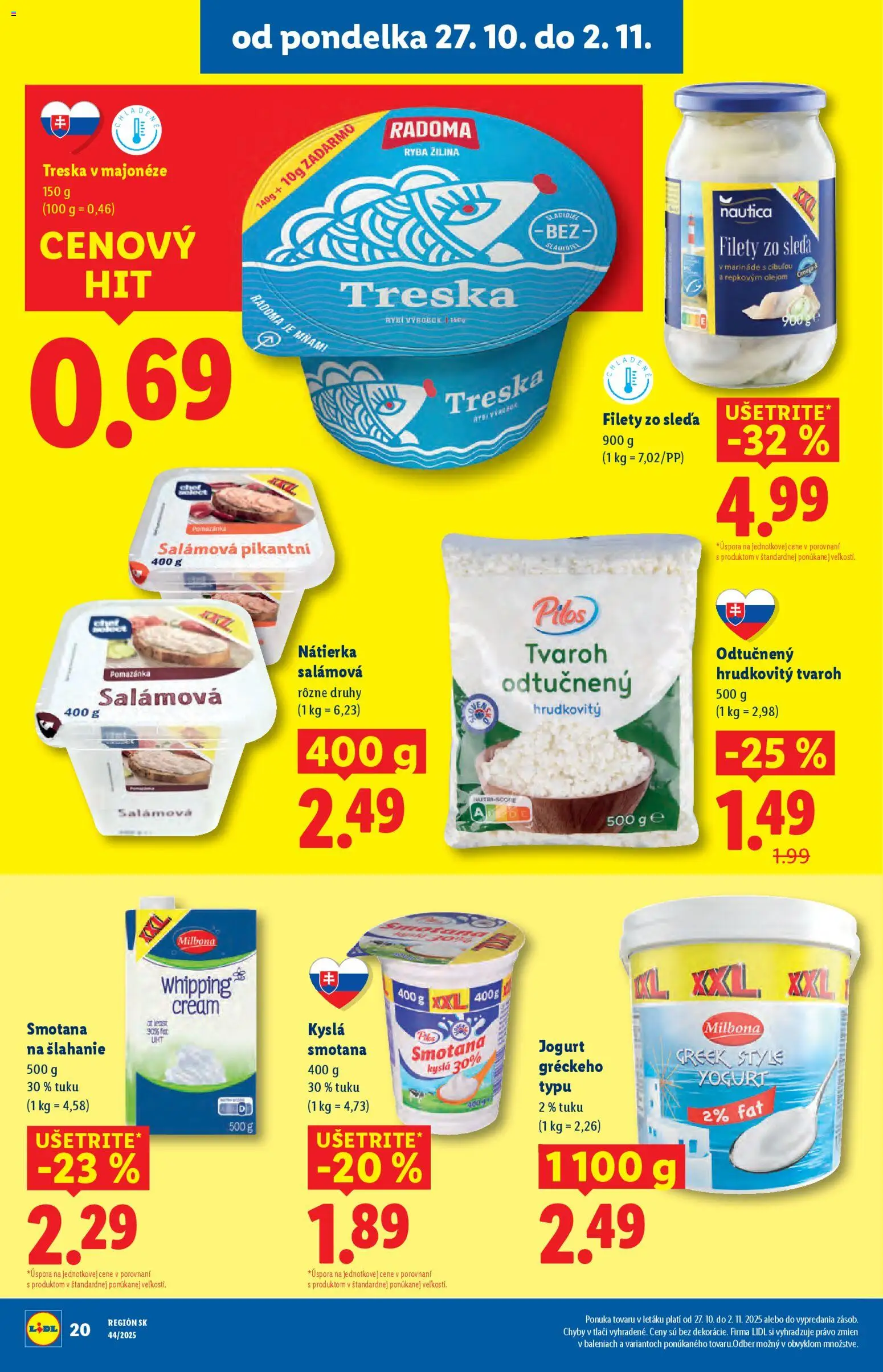 Nové Lidl akcie – leták je platný od 27.10.2025 | Strana: 24 | Produkty: Smotana, Tvaroh, Treska, Smotana na šľahanie