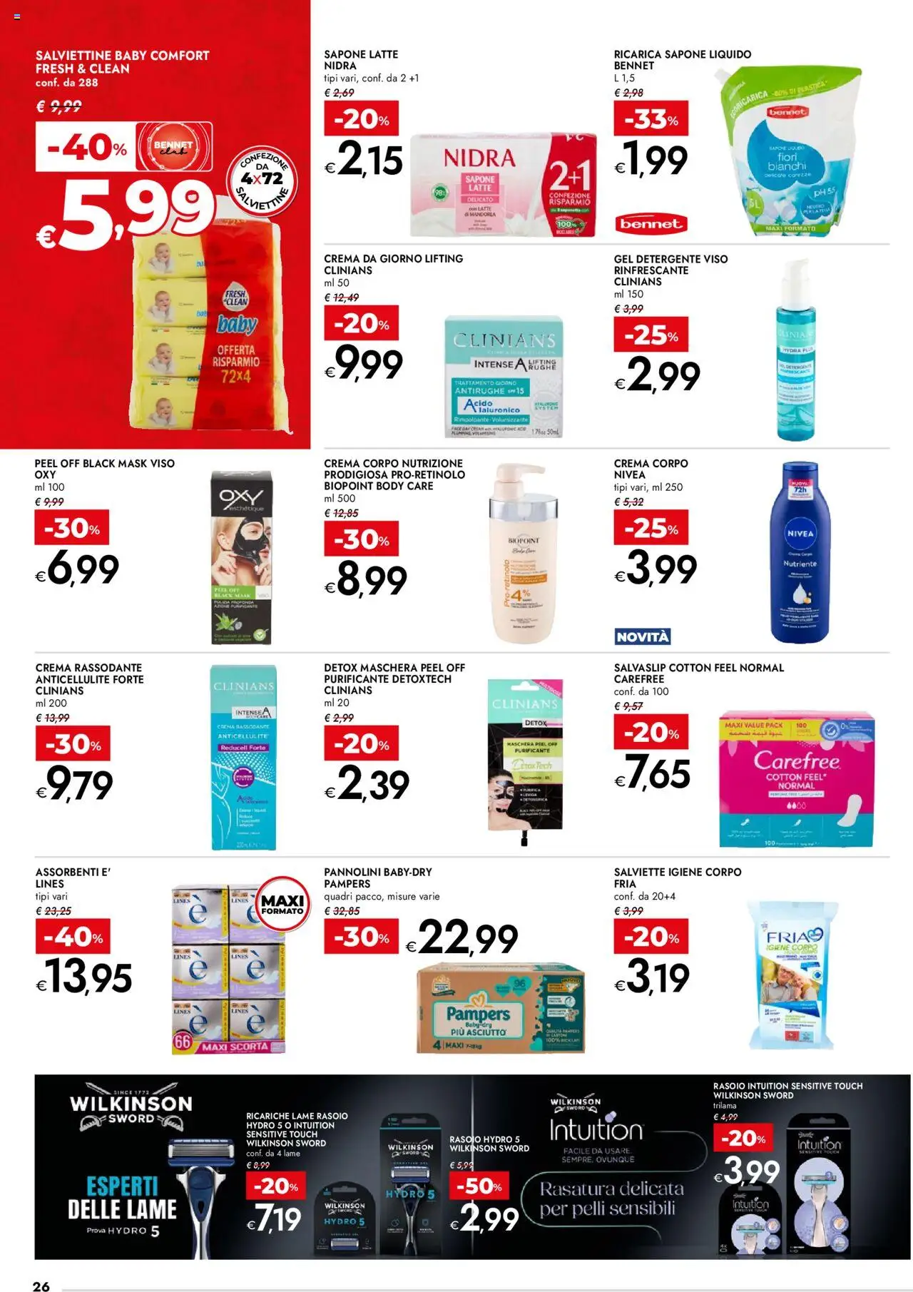 Volantino bennet del 25.09.2025 | Pagina: 26 | Prodotti: Rasoio, Sapone, Latte, Pampers