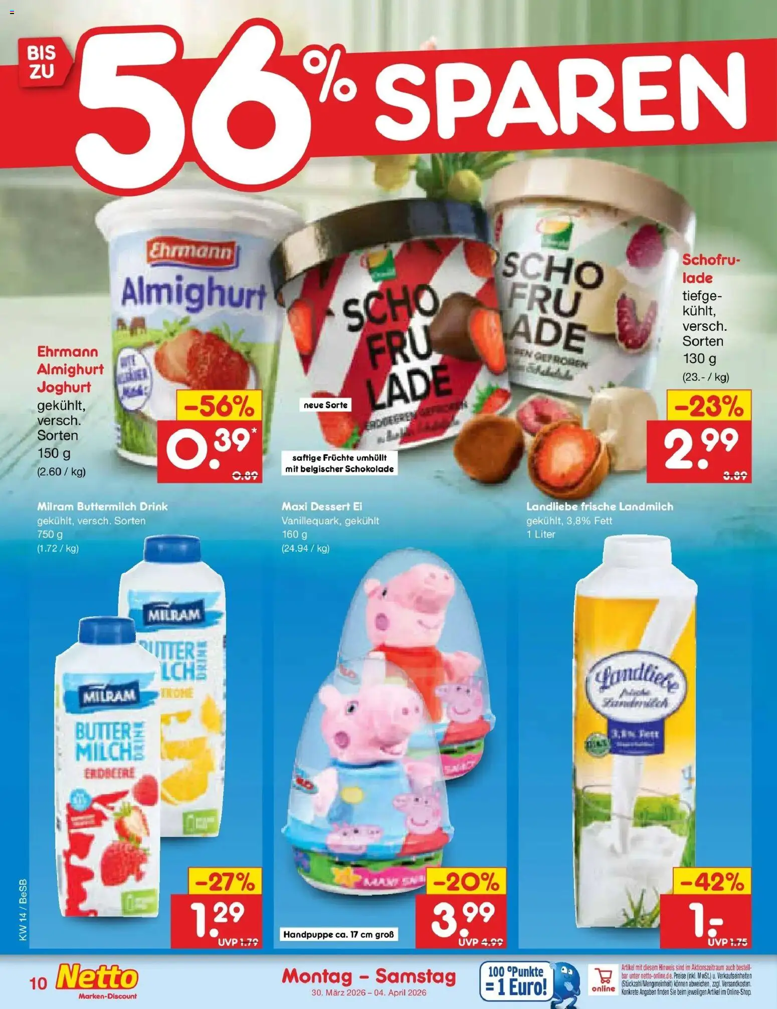 Netto Marken-Discount Prospekt Kremmen	 – gültig ab 30.03.2026 | Seite: 10 | Produkte: Buttermilch, Ehrmann almighurt, Butter, Schokolade
