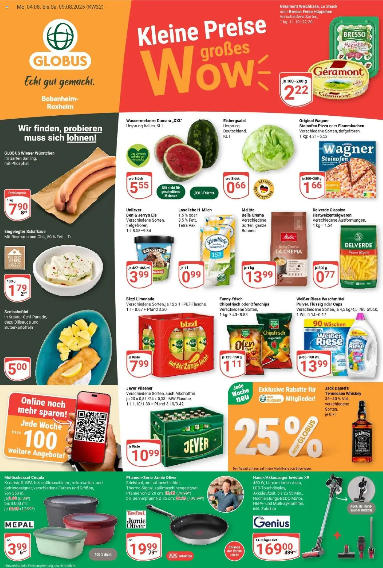 Globus prospekt Bobenheim-Roxheim	 - gültig ab dem 03.08.2025 | Seite: 1 | Produkte: Wiener wurstchen, Jack Daniel's, Pizza, Chips