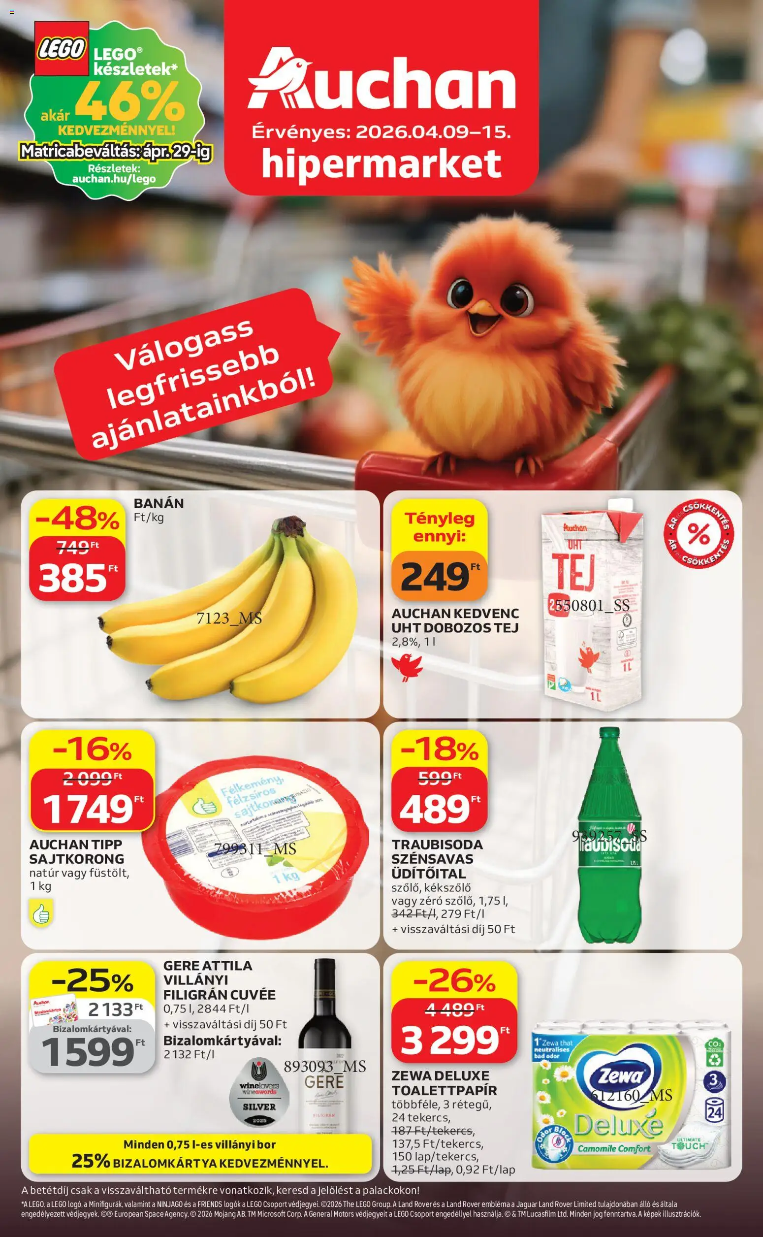 Auchan akciós ujság - amely érvényes a következő dátumtól: 09.04.2026 | Oldal: 1 | Termékek: Tej, Bor, Banán