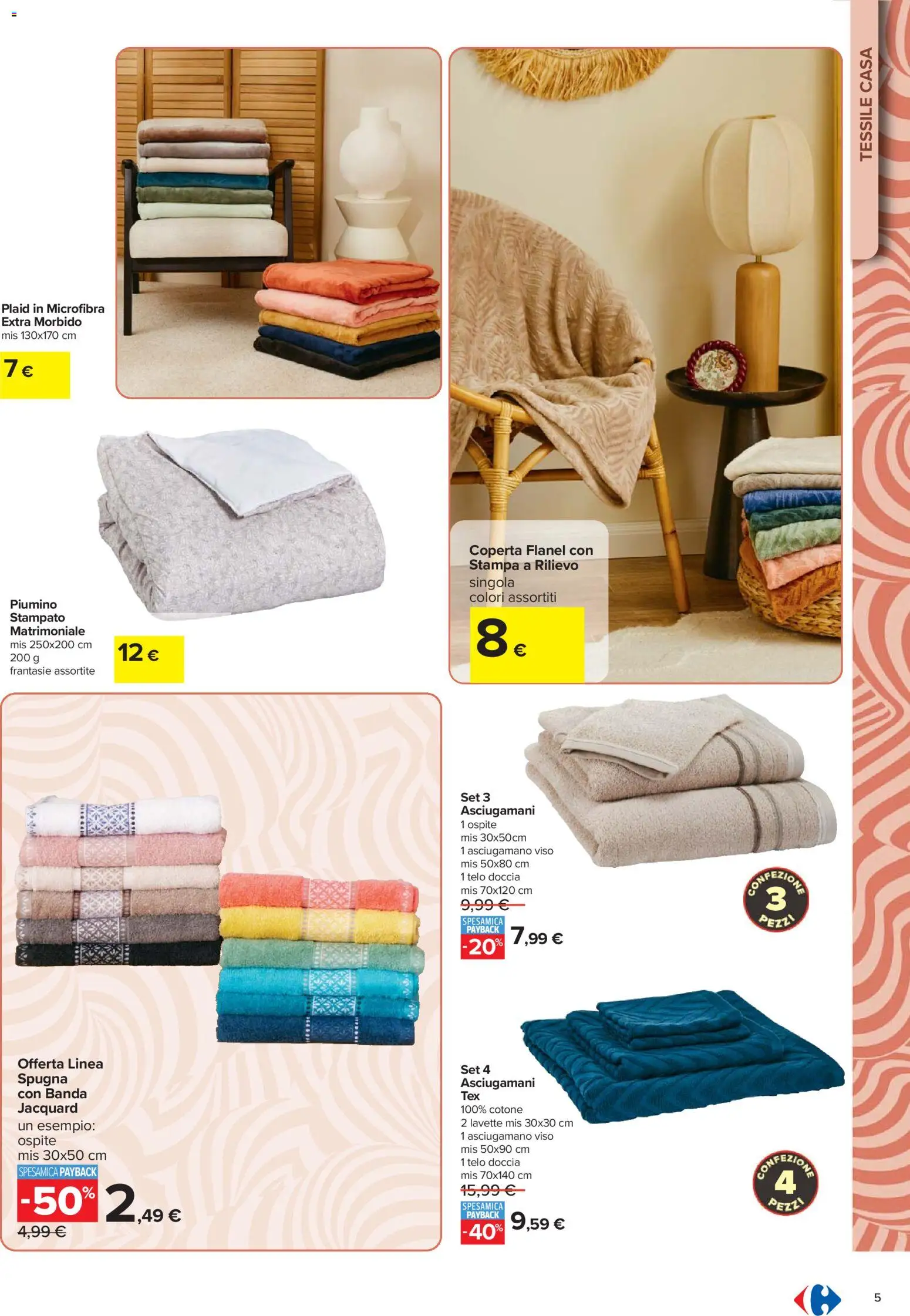 Volantino Carrefour del 16.02.2026 | Pagina: 5 | Prodotti: Spugna, Plaid, Stampa, Doccia