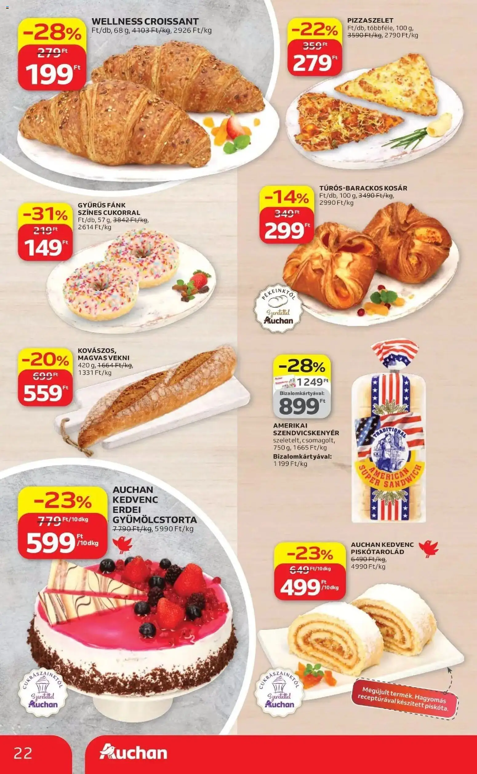 Auchan akciós ujság - amely érvényes a következő dátumtól: 16.04.2026 | Oldal: 22 | Termékek: Croissant, Fánk, Szendvicskenyér, Kosár