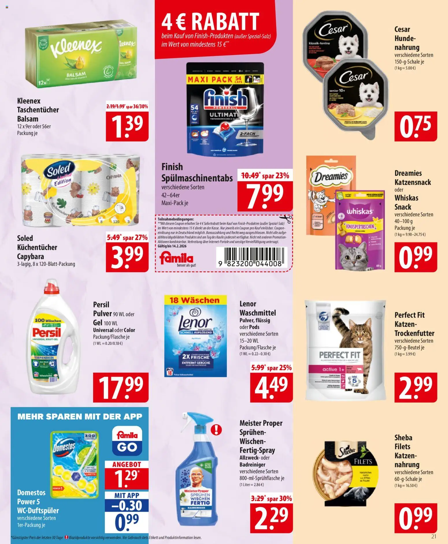 Famila Prospekt 	 – gültig ab 09.02.2026 | Seite: 21 | Produkte: Lenor, Sheba, Waschmittel, Spülmaschinentabs