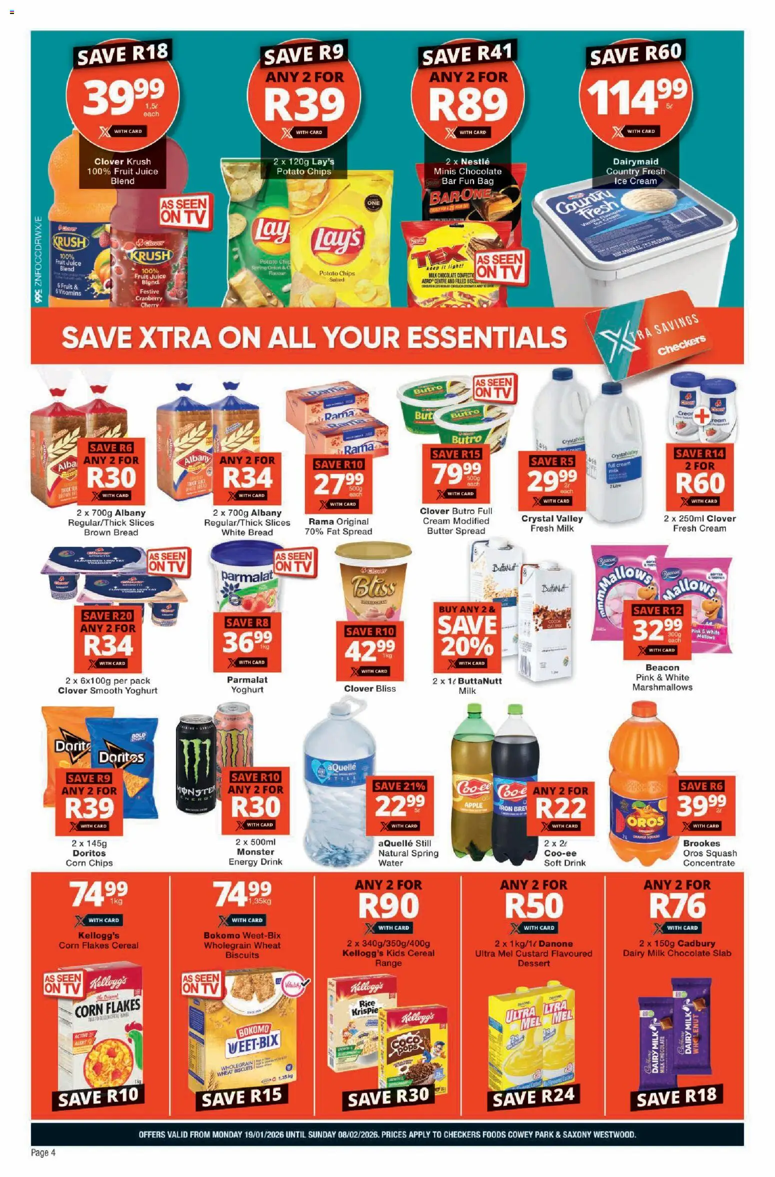 New Checkers catalogue – valid from 19.01.2026 | Page: 4 | Products: Bag, Milk, Bread, Fruit