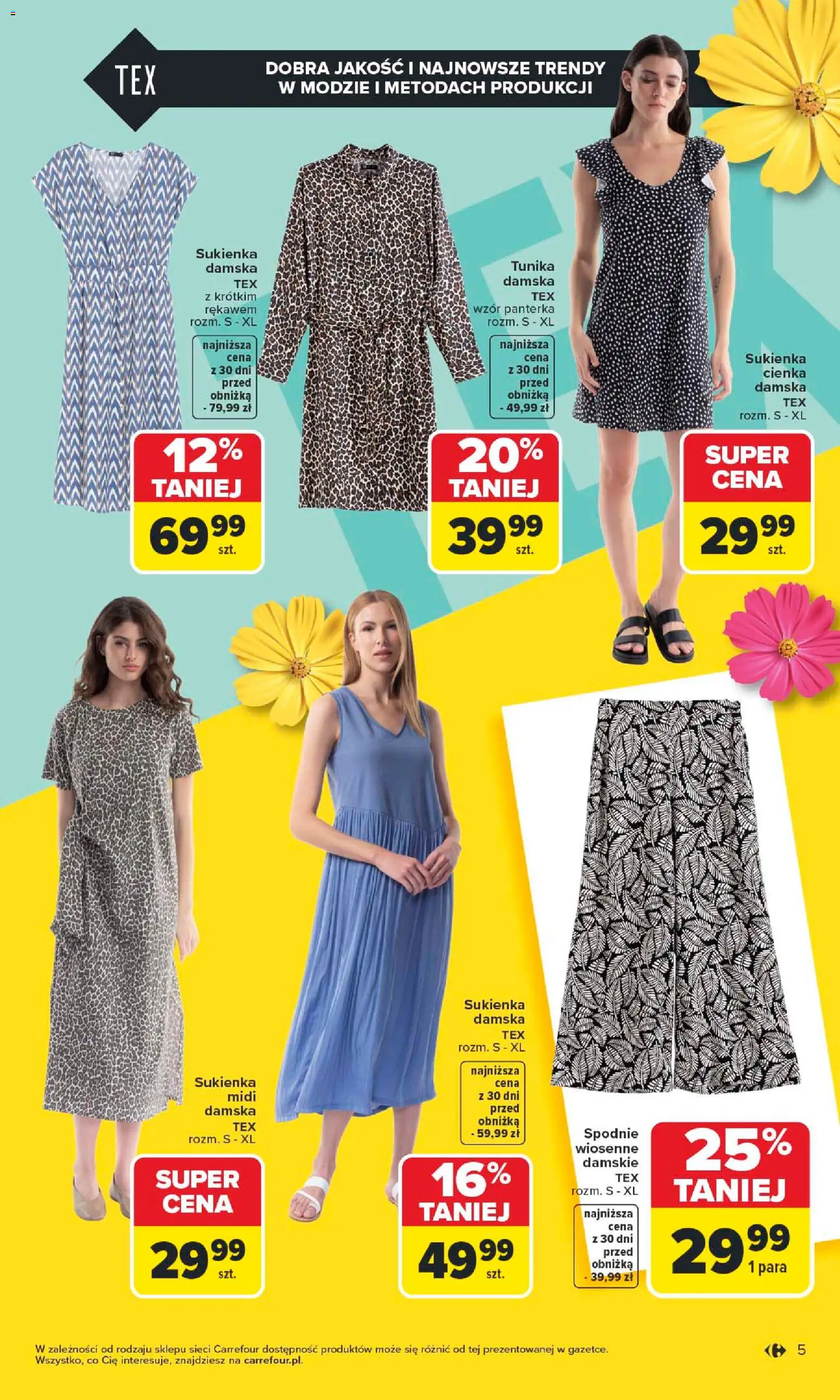 Carrefour gazetka - TEX na spotkanie z wiosną od 07.04.2026 | Strona: 5 | Produkty: Spodnie, Sukienka