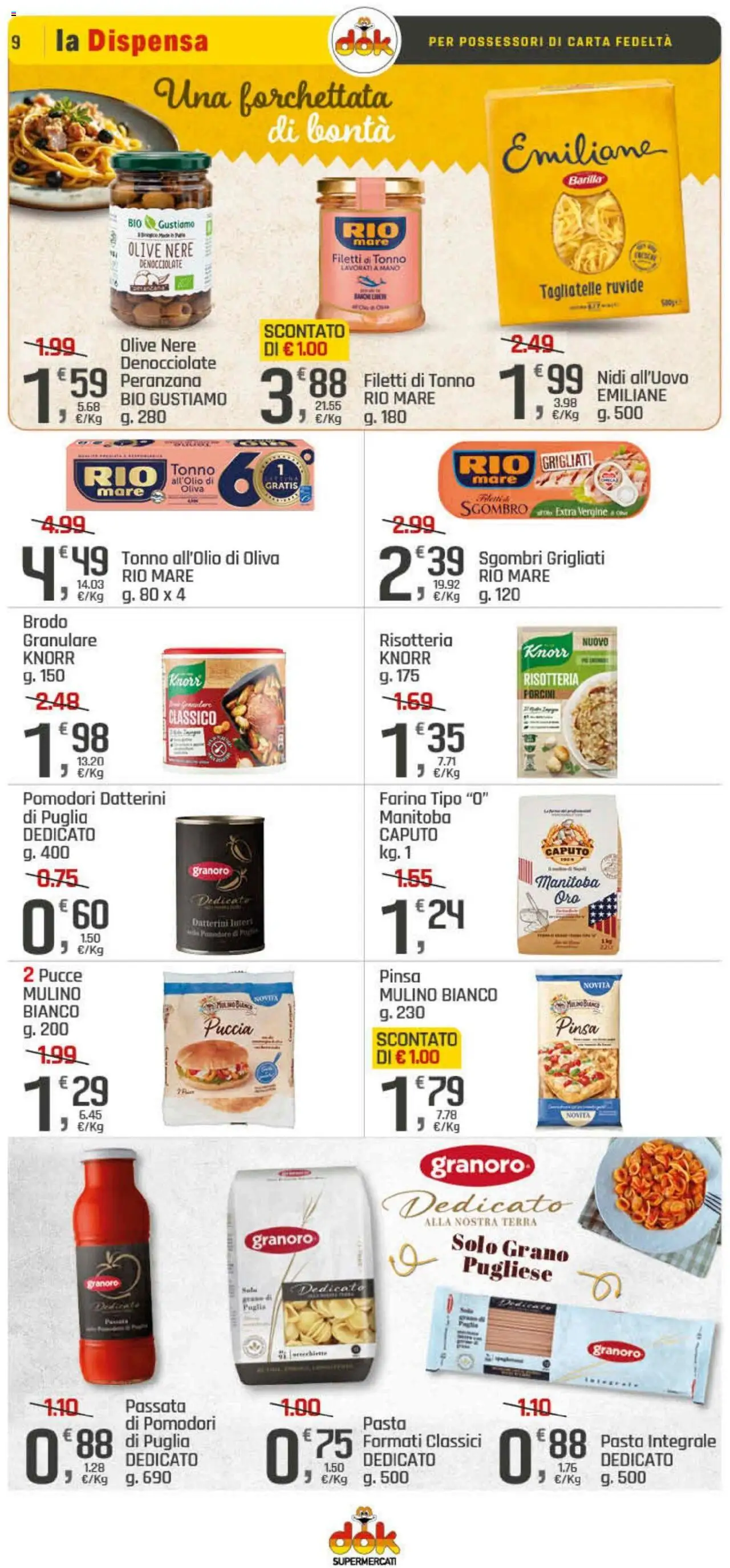 Volantino DOK del 23.10.2025 | Pagina: 9 | Prodotti: Pomodori, Pasta, Sgombro, Terra