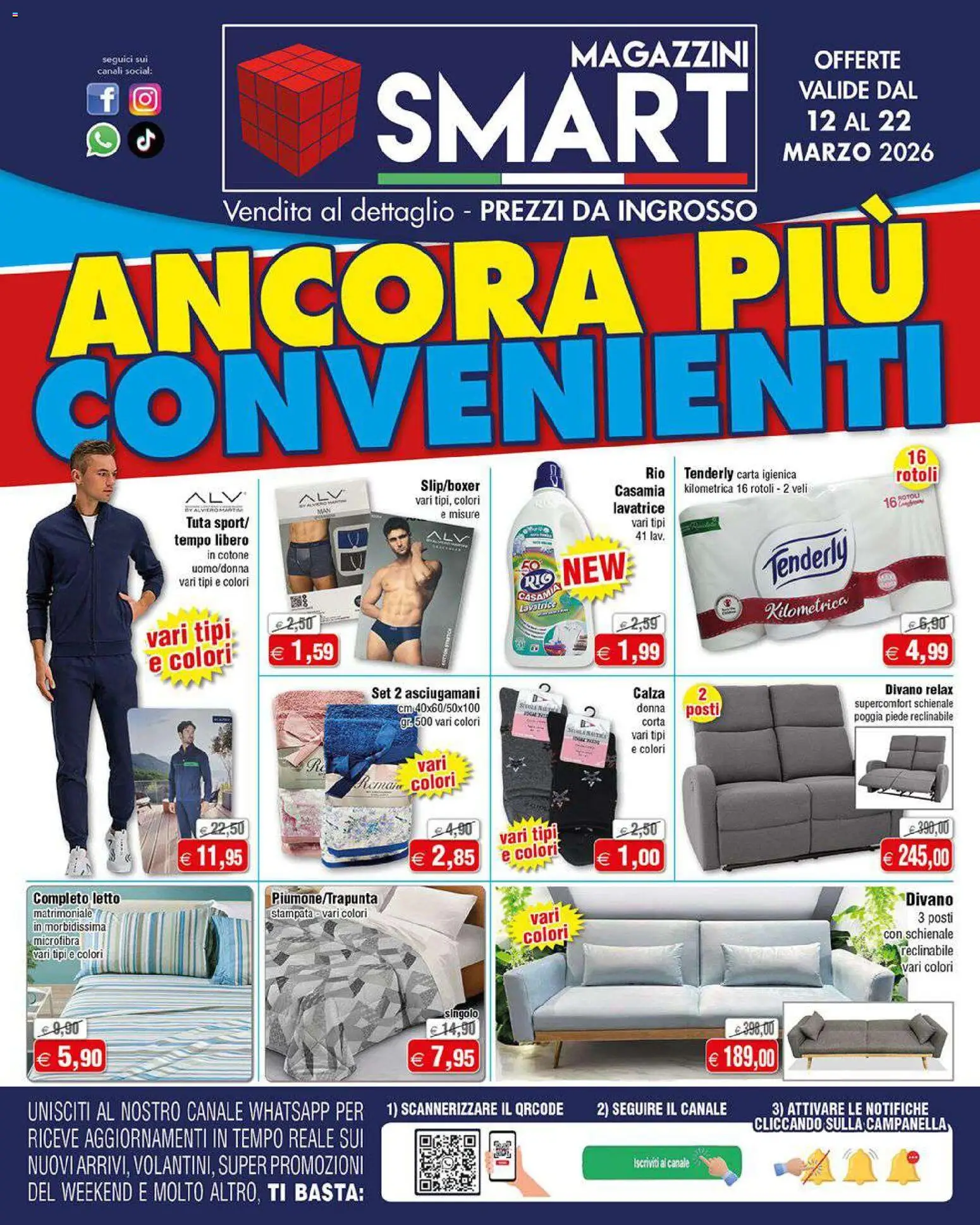 Volantino Magazzini Smart del 11.03.2026 | Pagina: 1 | Prodotti: Carta igienica, Lavatrice, Letto, Divano
