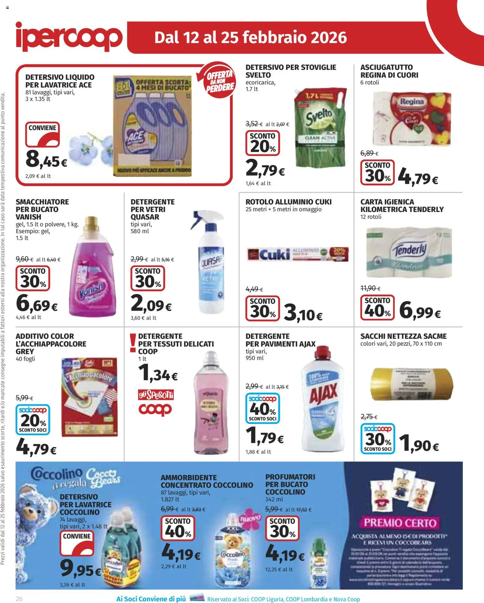 Volantino Ipercoop del 12.02.2026 | Pagina: 26 | Prodotti: Carta igienica, Detergente, Lavatrice, Asciugatutto