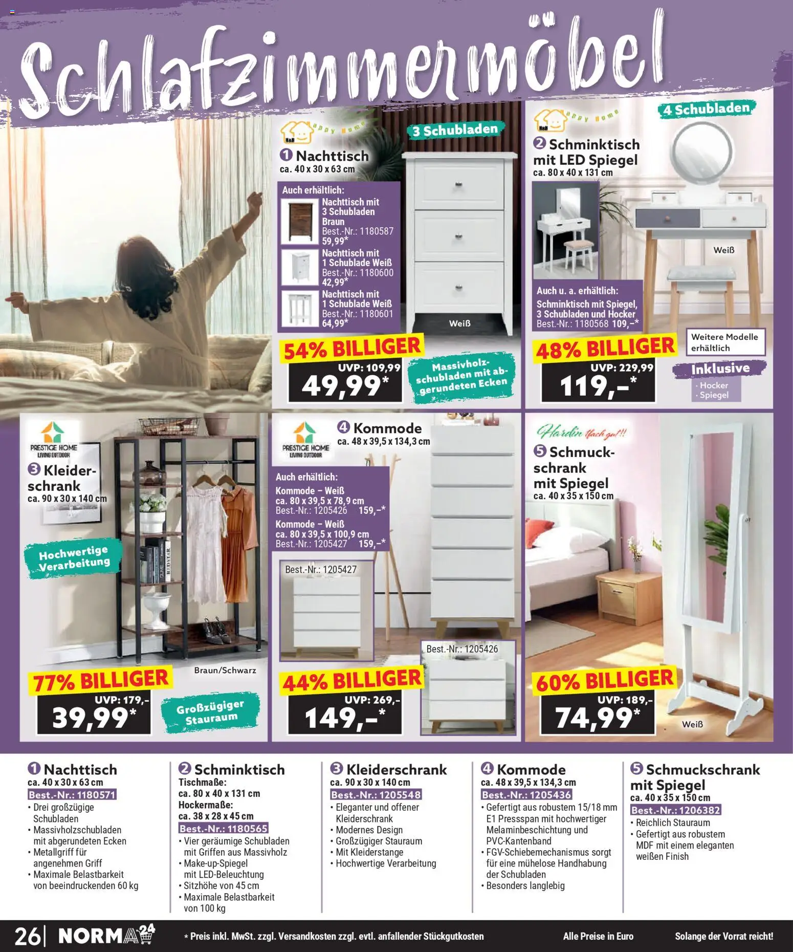 Norma Bestellmagazin  gültig ab 01.11.2025 | Seite: 26 | Produkte: Kleiderschrank, Kommode, Nachttisch, Schrank