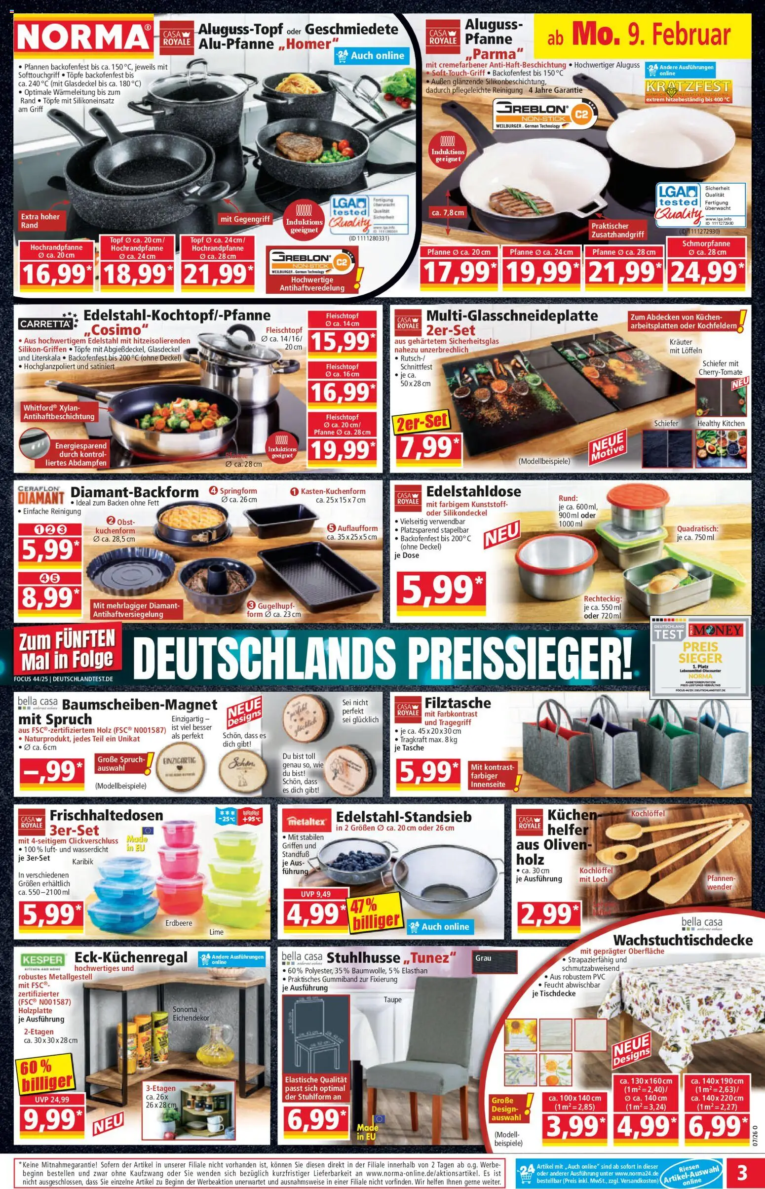 Norma Prospekt 	 – gültig ab 09.02.2026 | Seite: 3 | Produkte: Tasche, Kochfeld, Obst, Kuchen