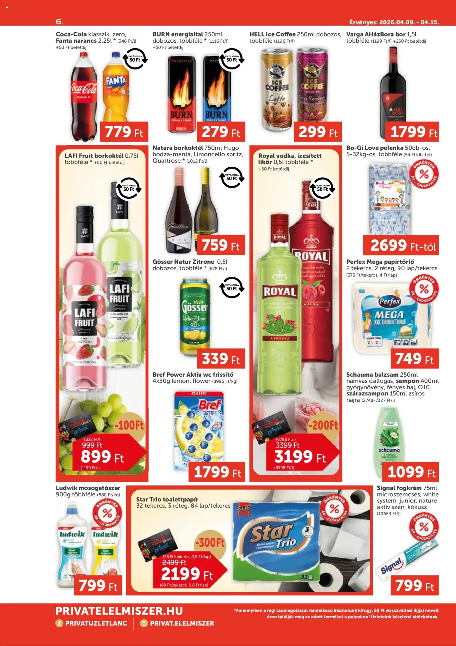 PRIVÁT akciós ujság - amely érvényes a következő dátumtól: 09.04.2026 | Oldal: 6 | Termékek: Papírtörlő, Cola, Sampon, Mosogatószer