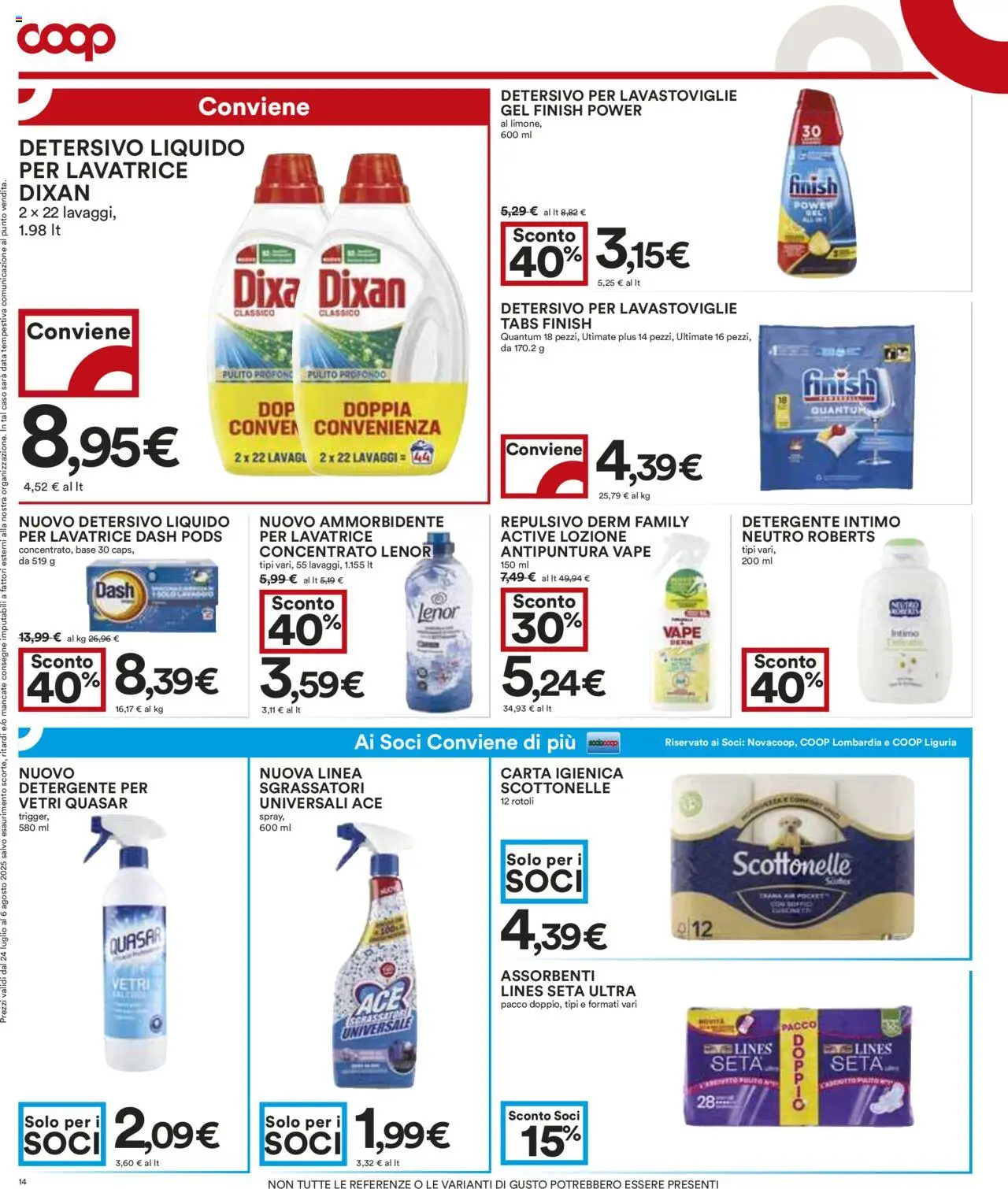 Volantino COOP del 24.07.2025 | Pagina: 14 | Prodotti: Carta igienica, Detergente, Detersivo per lavastoviglie, Lavatrice