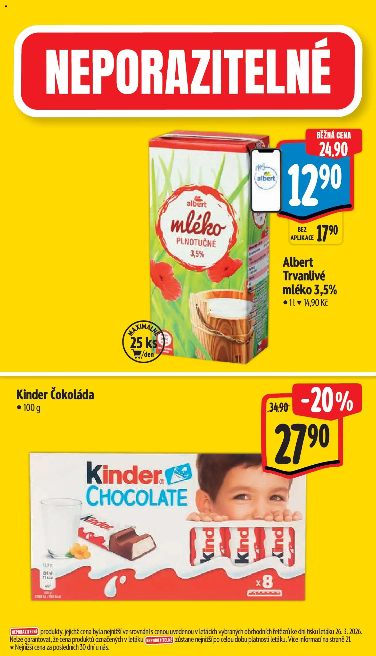 Albert leták - Supermarket od 01.04.2026 | Strana: 4 | Produkty: Mléko, Čokoláda, Kinder čokoláda, Kinder