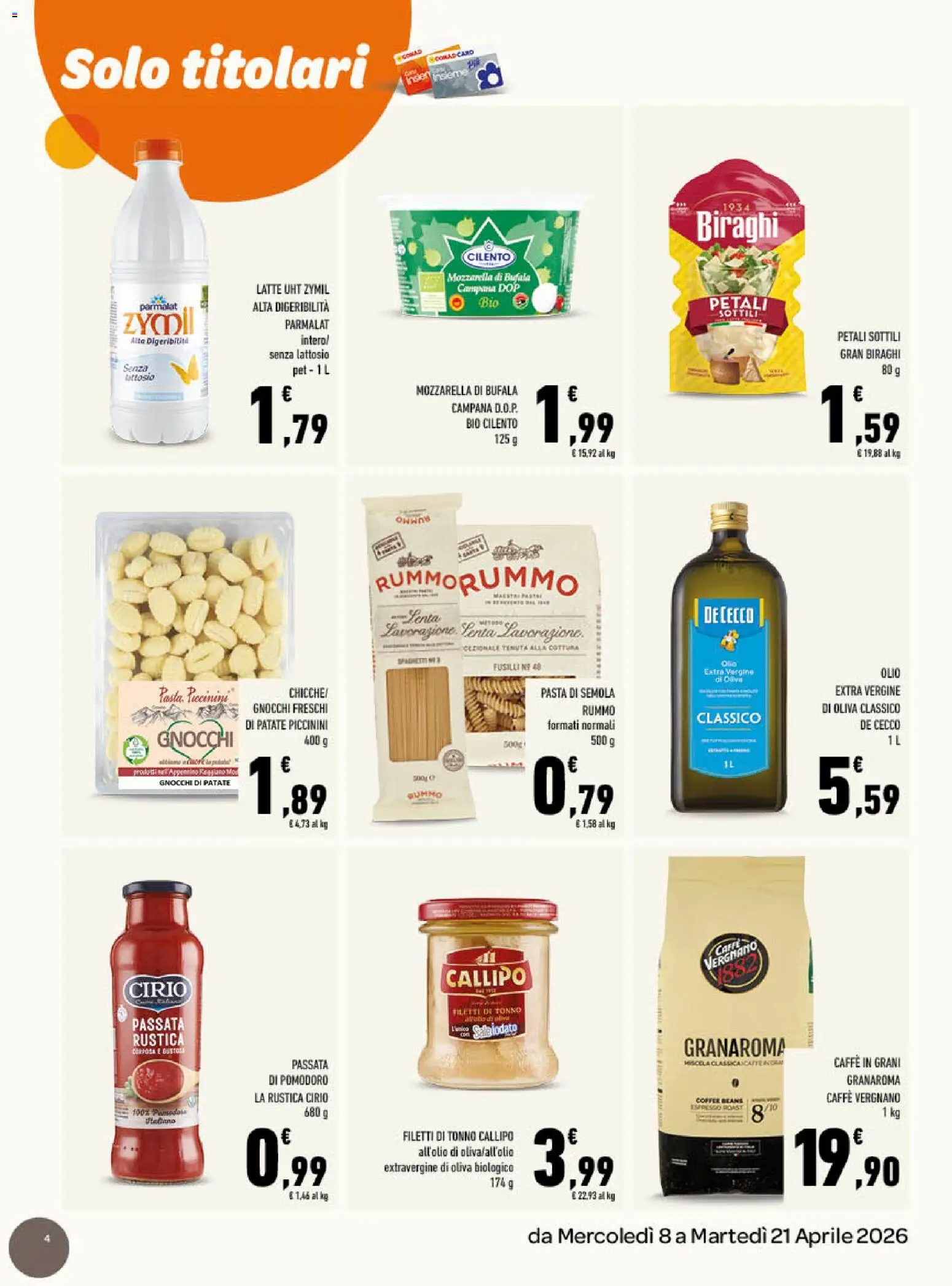Volantino Conad del 08.04.2026 | Pagina: 4 | Prodotti: Caffè, Patate, Mozzarella, Fusilli