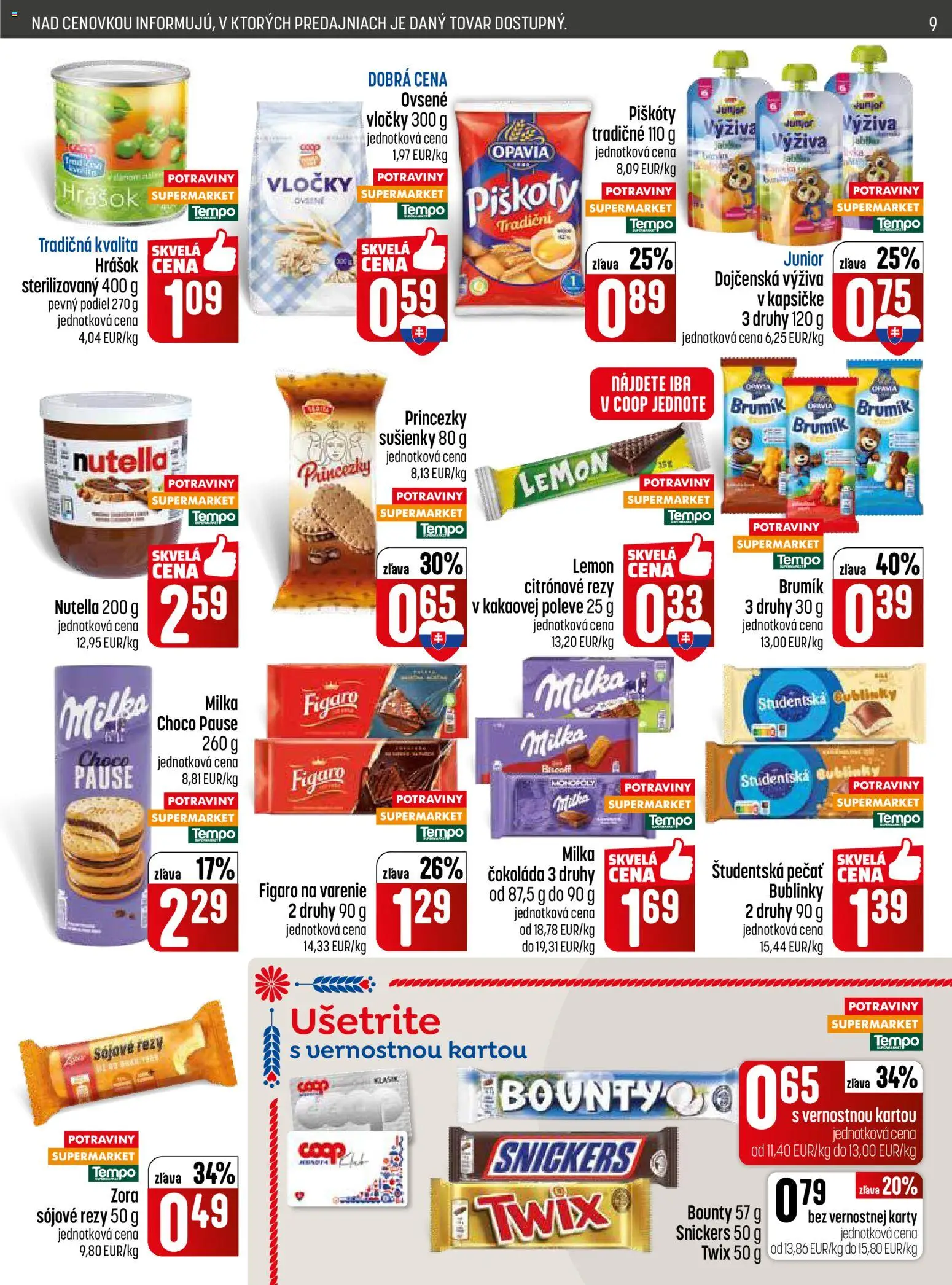 Nové COOP Jednota akcie – leták je platný od 30.04.2026 | Strana: 9 | Produkty: Hrášok, Čokoláda, Študentská pečať, Milka