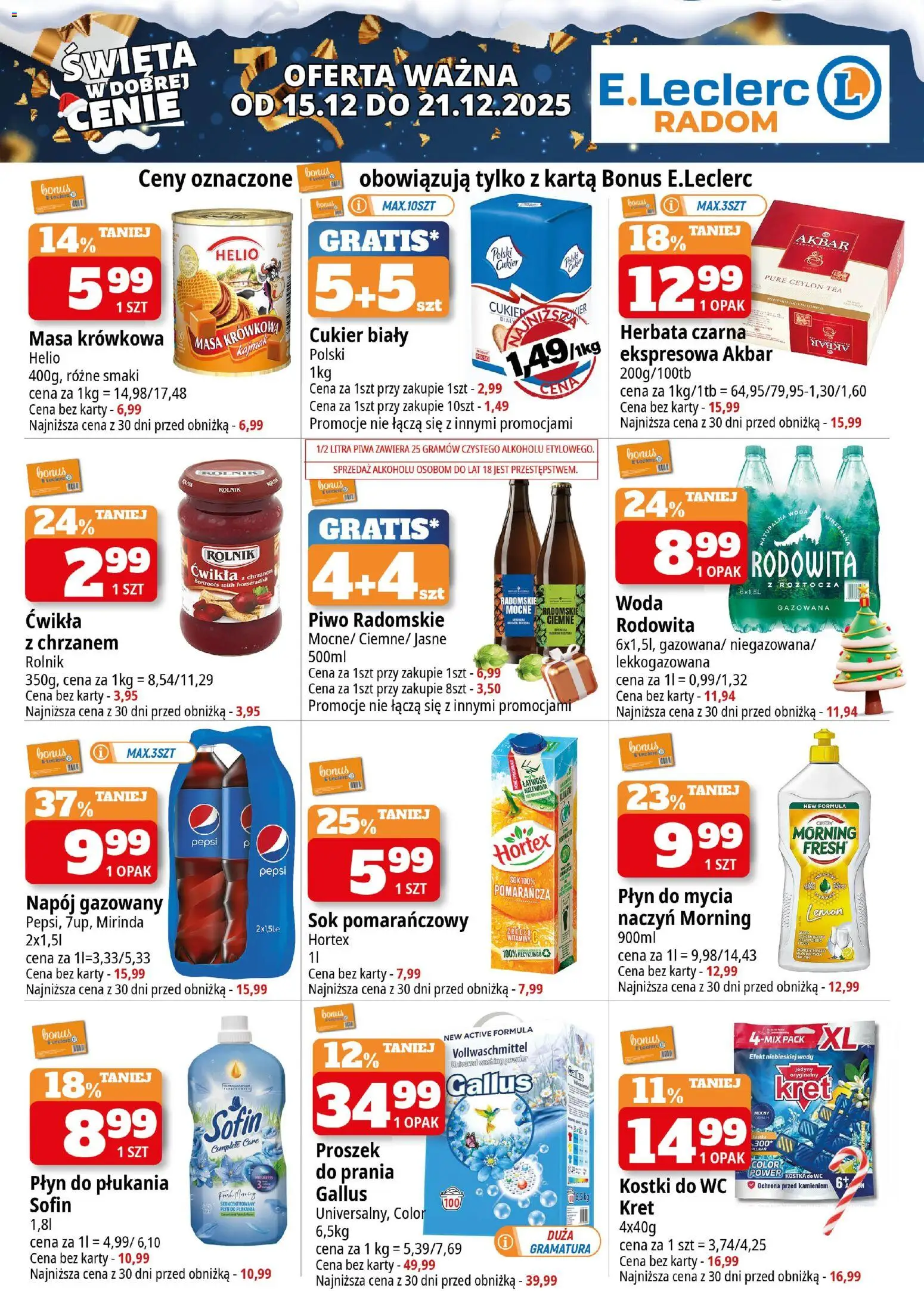 E.Leclerc Gazetka - Radom od 15.12.2025 | Strona: 4 | Produkty: Kostki do wc, Karta, Cukier biały, Woda