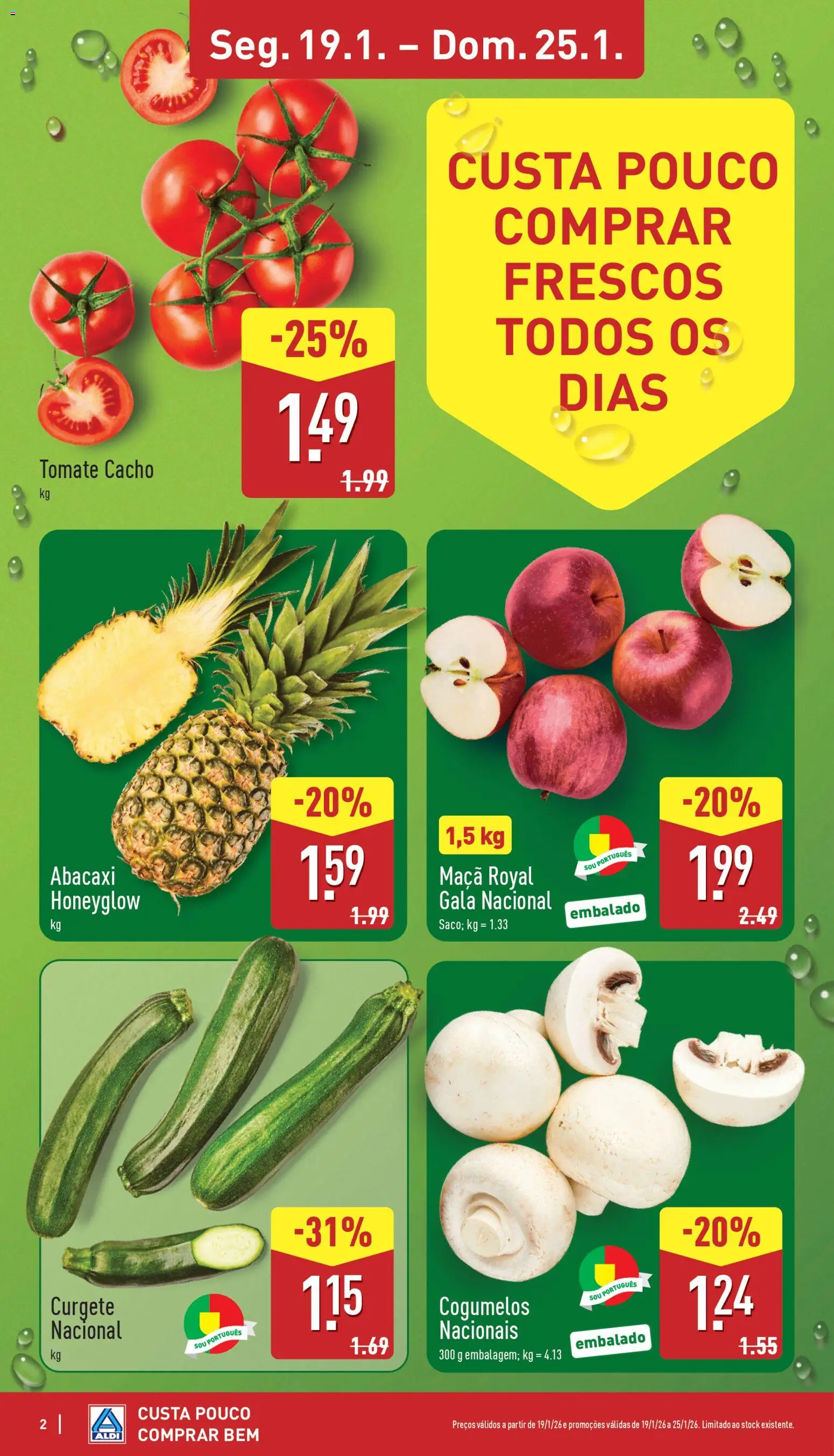 Aldi folheto │ válido de 19.01.2026 | Página: 2 | Produtos: Curgete, Maça, Tomate, Cogumelos