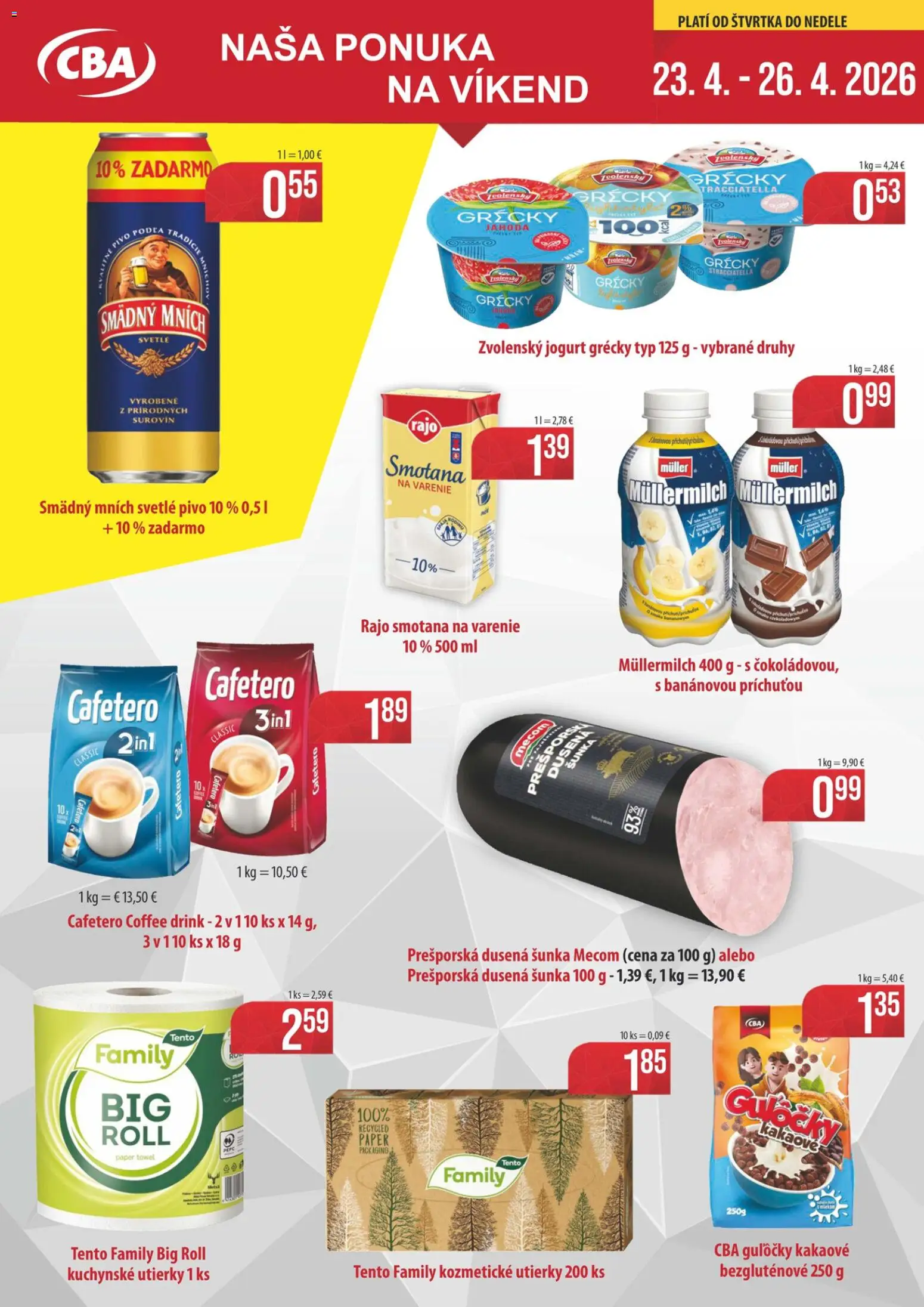 Nové Sintra akcie – leták je platný od 23.04.2026 | Strana: 1 | Produkty: Pivo, Jogurt, Smotana, Smädný Mních