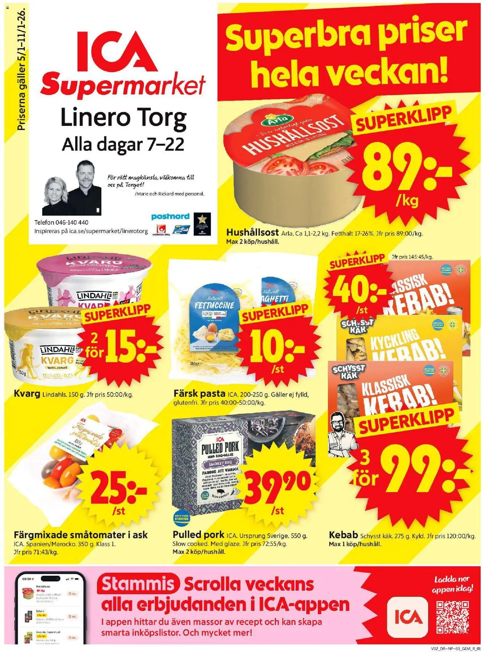 ICA Supermarket reklamblad aktuell från 05.01.2026 | Sida: 1 | Produkter: Gem, Salami, Telefon, Kvarg