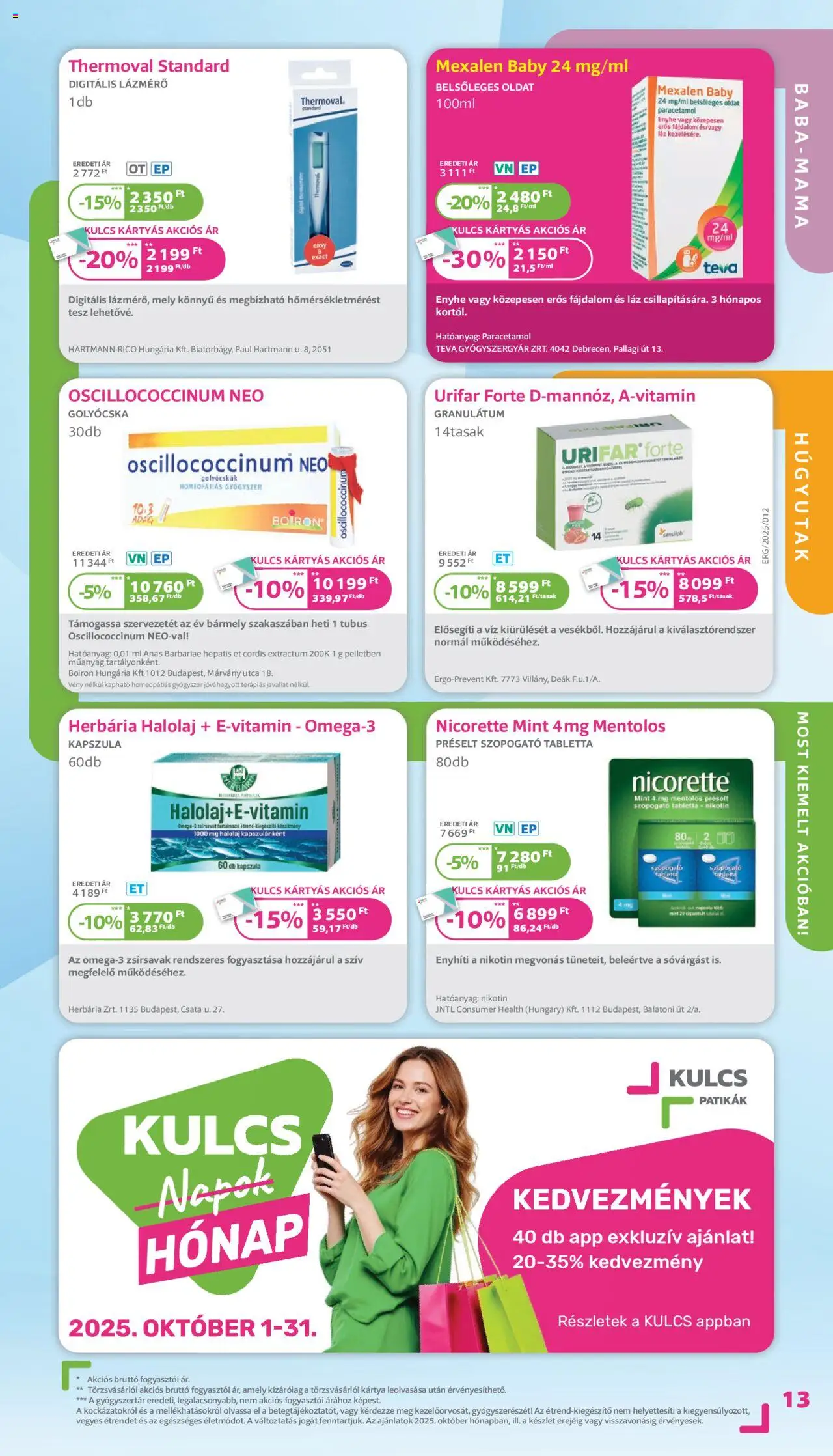 Kulcs Patika akciós ujság - amely érvényes a következő dátumtól: 01.10.2025 | Oldal: 13 | Termékek: Lázmérő