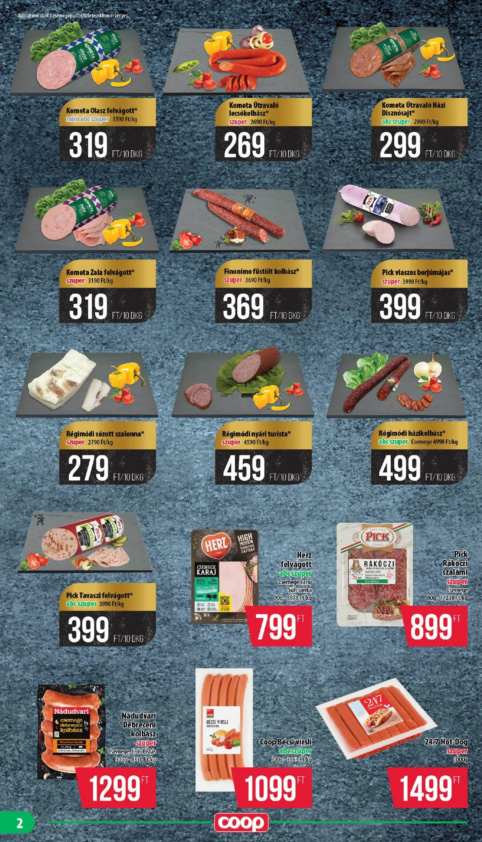 COOP akciós ujság - amely érvényes a következő dátumtól: 13.11.2025 | Oldal: 2 | Termékek: Debreceni, Pick, Protein, Karaj