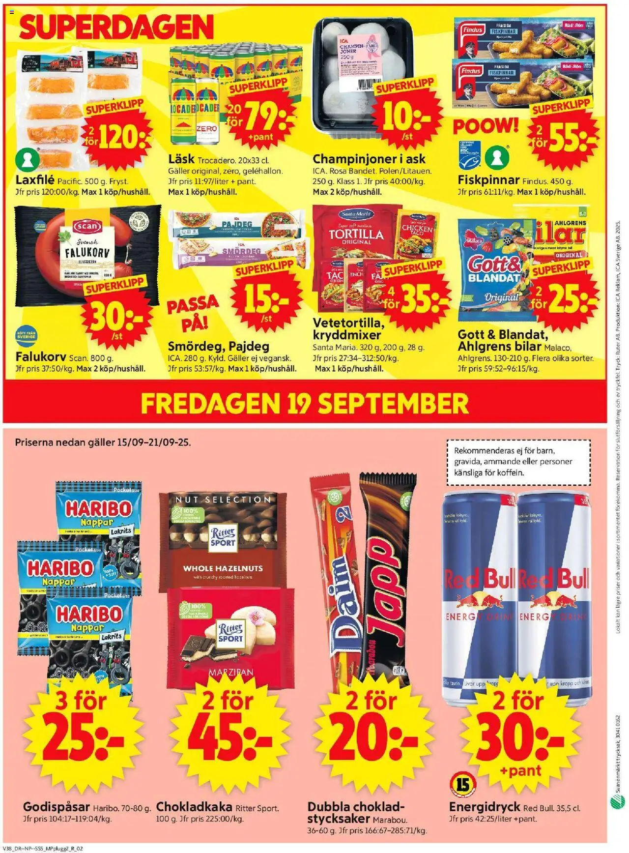 ICA Supermarket reklamblad aktuell från 15.09.2025 | Sida: 14 | Produkter: Red bull, Falukorv, Choklad, Energidryck