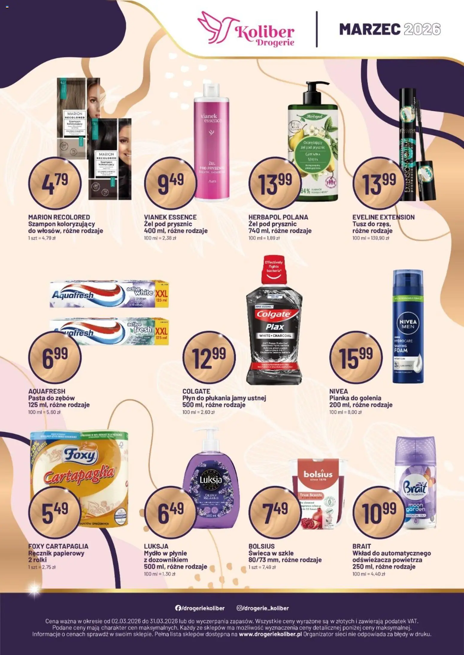 Koliber gazetka - Plakat od 02.03.2026 | Strona: 1 | Produkty: Prysznic, Pianka do golenia, Pasta do zębów, Płyn do płukania jamy ustnej