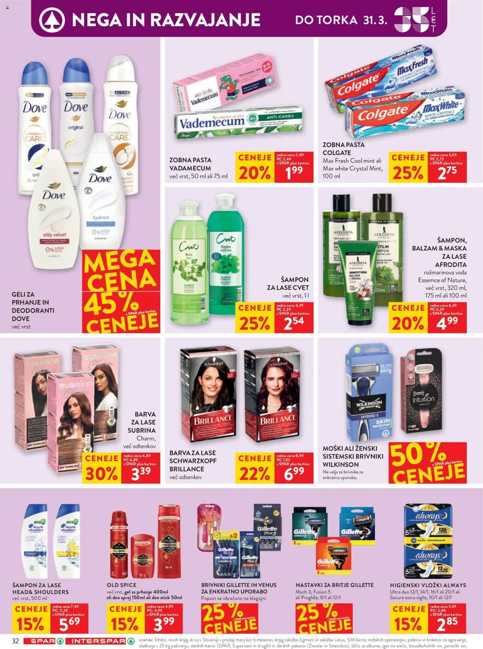 Novi Spar katalog ponudbe – veljaven od 25.03.2026 | Stran: 38 | Izdelki: Higienski vložki, Barva za lase, Maska, Voda