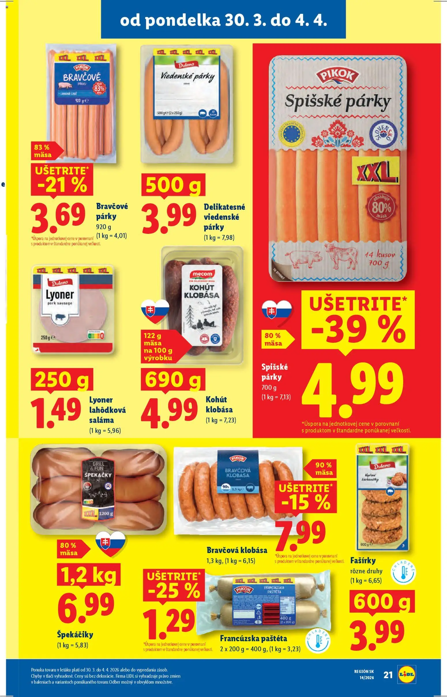 Nové Lidl akcie – leták je platný od 30.03.2026 | Strana: 25 | Produkty: Saláma, Klobása, Fašírky, Párky