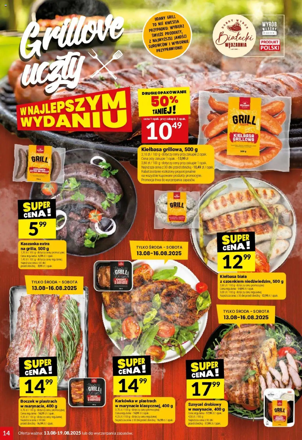 Twój Market Gazetka od 13.08.2025 | Strona: 14 | Produkty: Kiełbasa, Karkówka, Kaszanka, Boczek