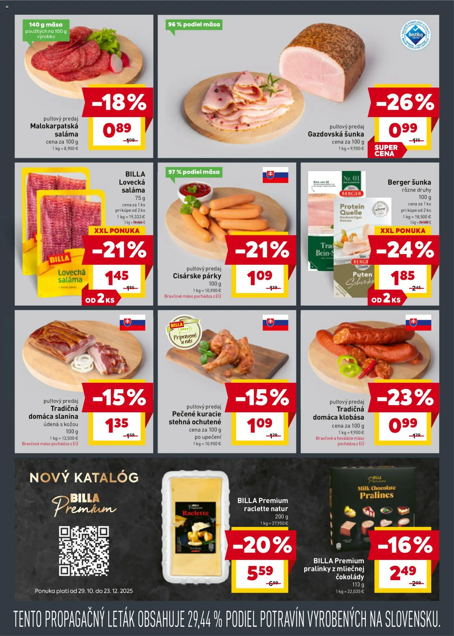 Nové Billa akcie – leták je platný od 29.10.2025 | Strana: 7 | Produkty: Saláma, Šunka, Protein, Párky