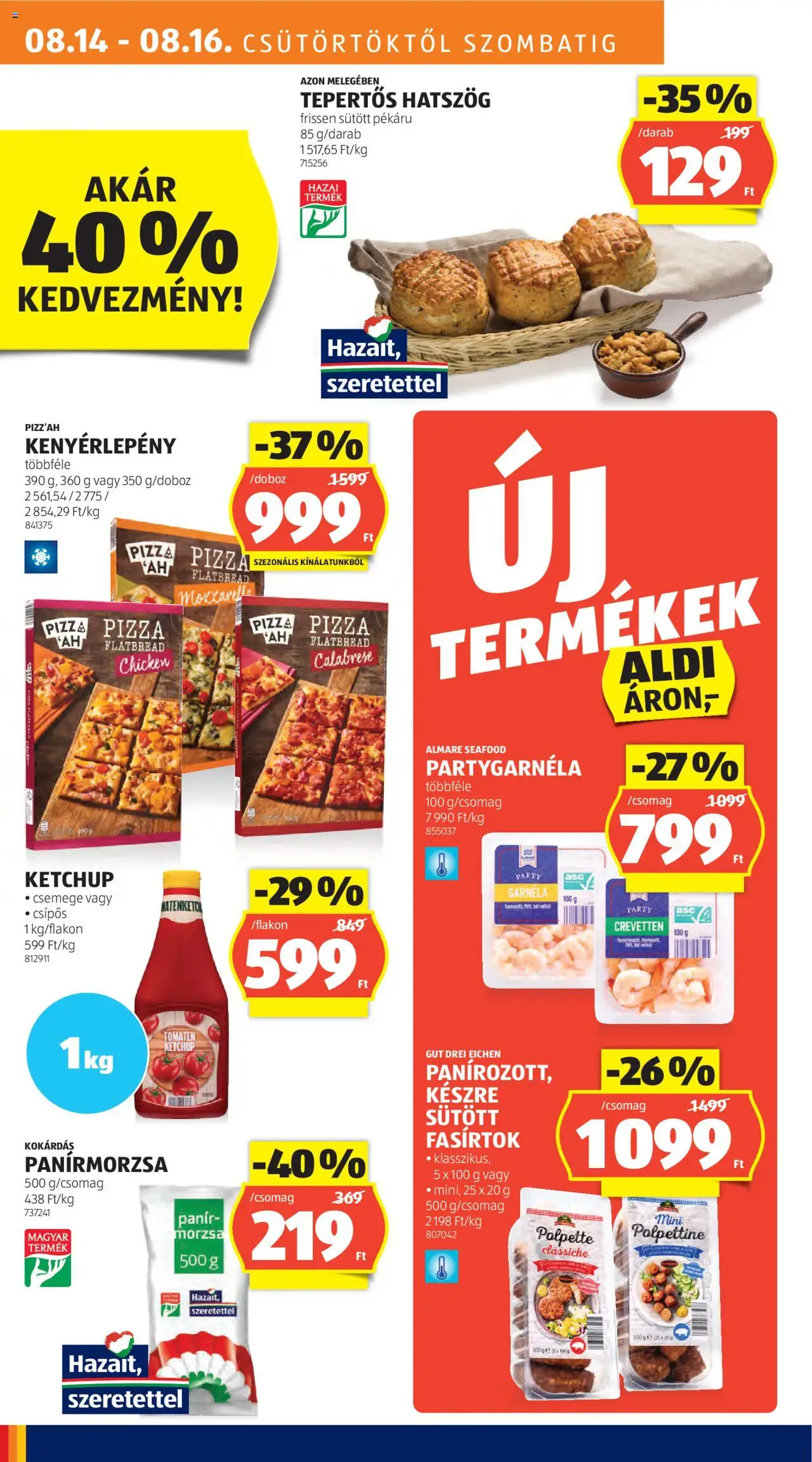 Aldi akciós ujság - amely érvényes a következő dátumtól: 14.08.2025 | Oldal: 14 | Termékek: Mozzarella, Garnéla, Pizza, Panírmorzsa
