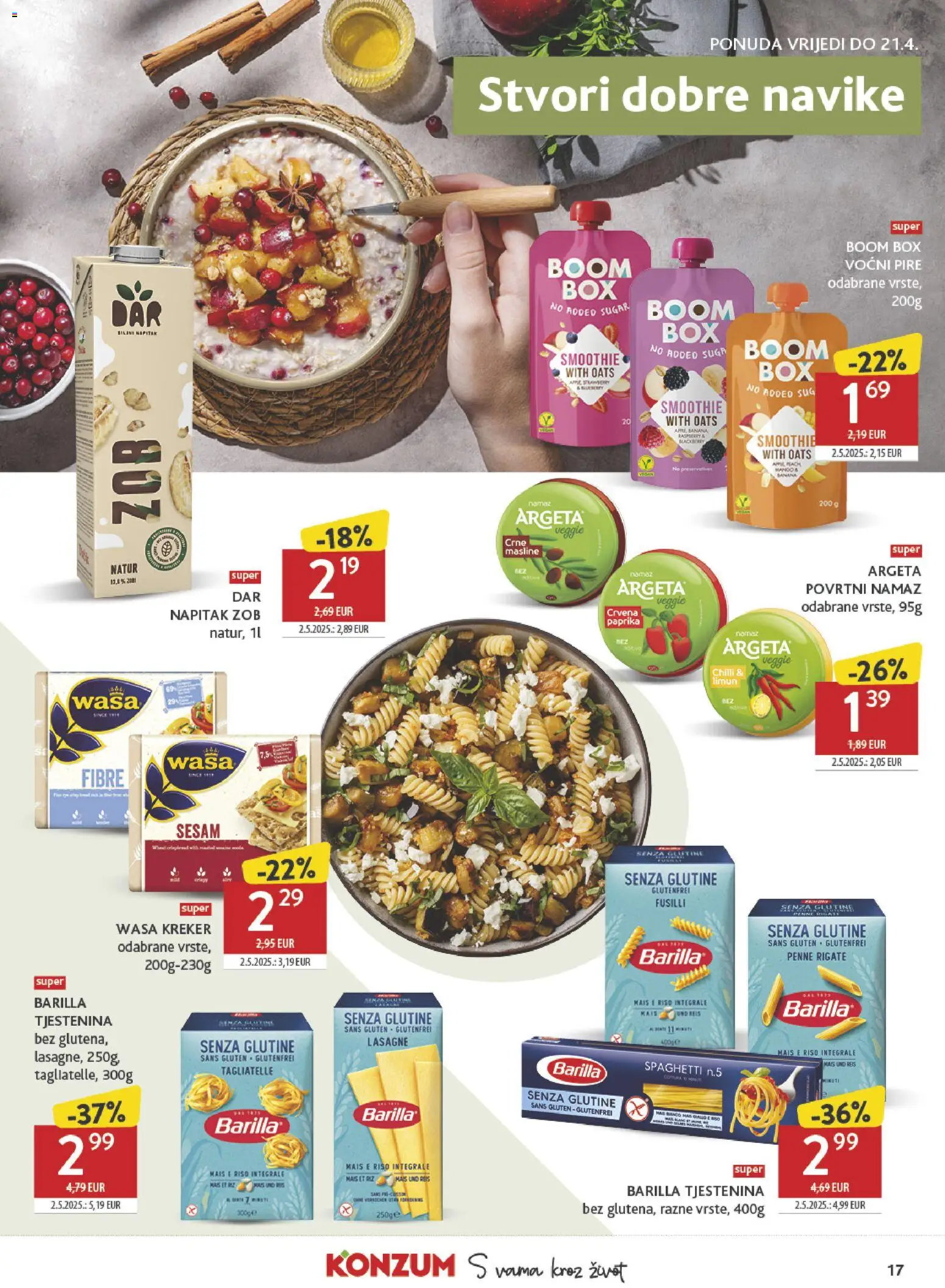 Konzum HR akciós ujság - amely érvényes a következő dátumtól: 08.04.2026 | Oldal: 17 | Termékek: Kréker, Penne, Lasagne, Smoothie