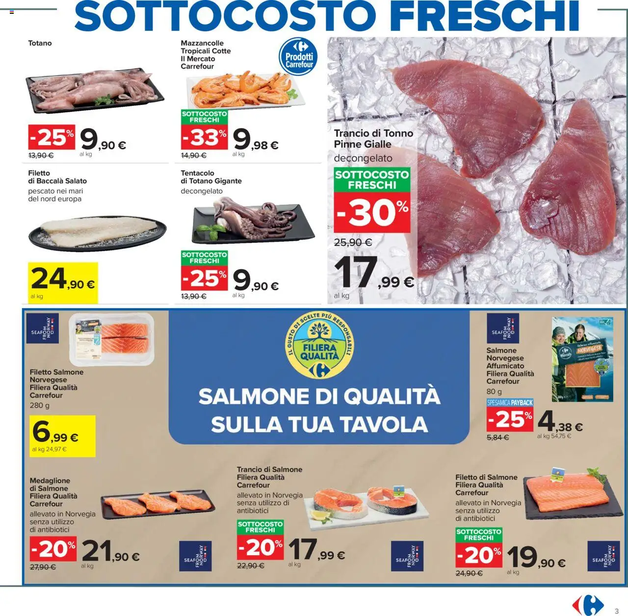 Volantino Carrefour del 23.10.2025 | Pagina: 3 | Prodotti: Salmone, Pinne, Tonno, Totano