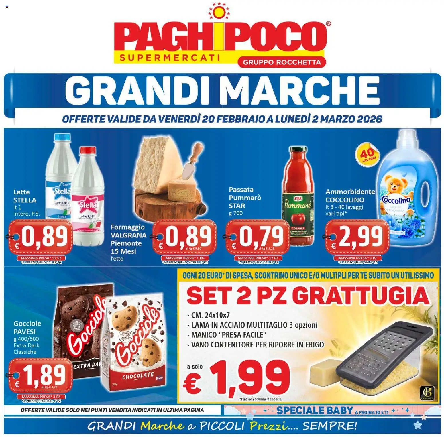 Volantino Paghi Poco del 20.02.2026 | Pagina: 1 | Prodotti: Ammorbidente, Latte, Formaggio, Presa