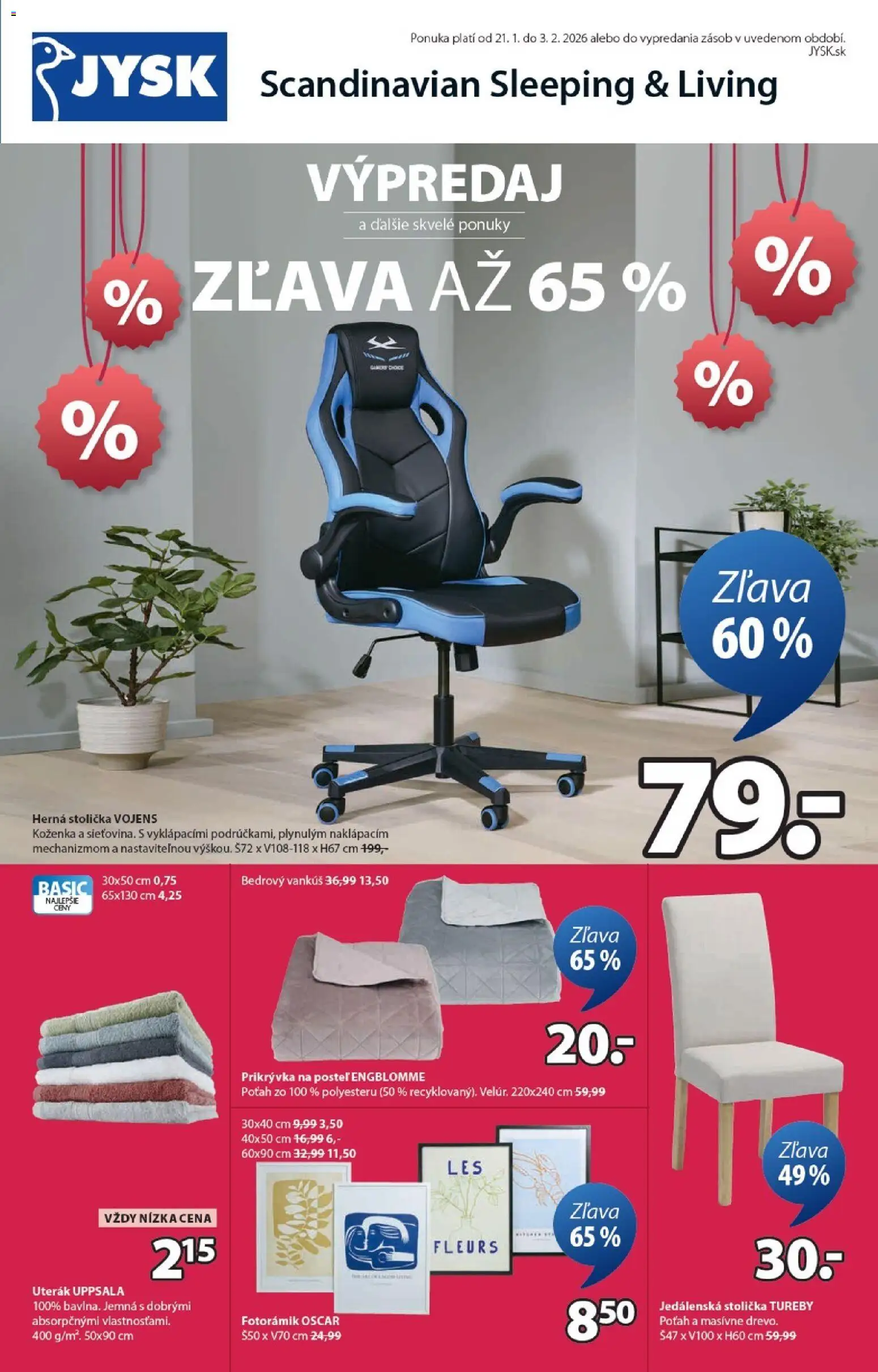 Nové JYSK akcie – leták je platný od 21.01.2026 | Strana: 1 | Produkty: Posteľ, Jedálenská stolička, Herná stolička, Vankúš