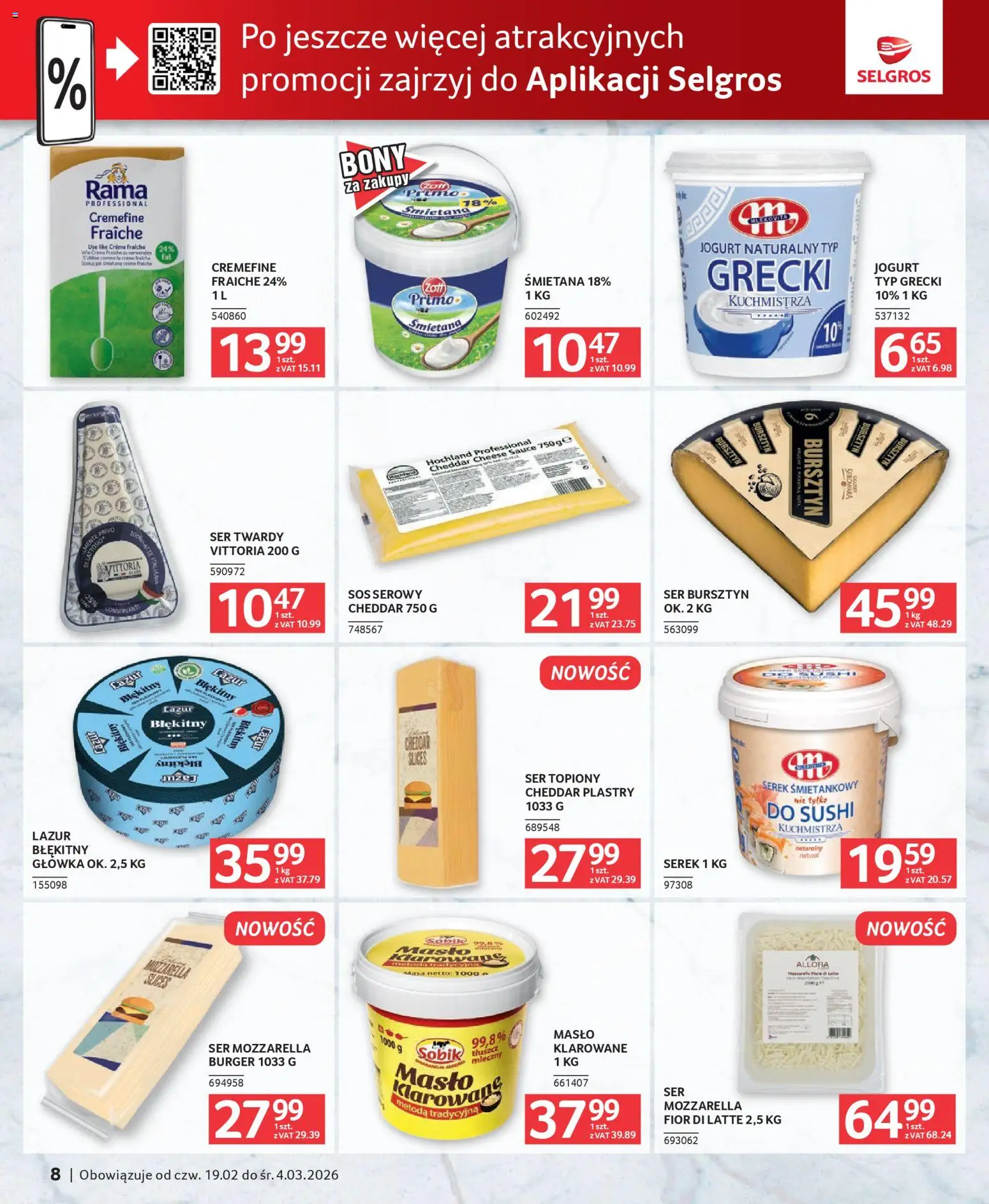 Selgros cash&carry Gazetka - Oferta dla gastronomii od 19.02.2026 | Strona: 8 | Produkty: Sos serowy, Masło, Ser, Jogurt