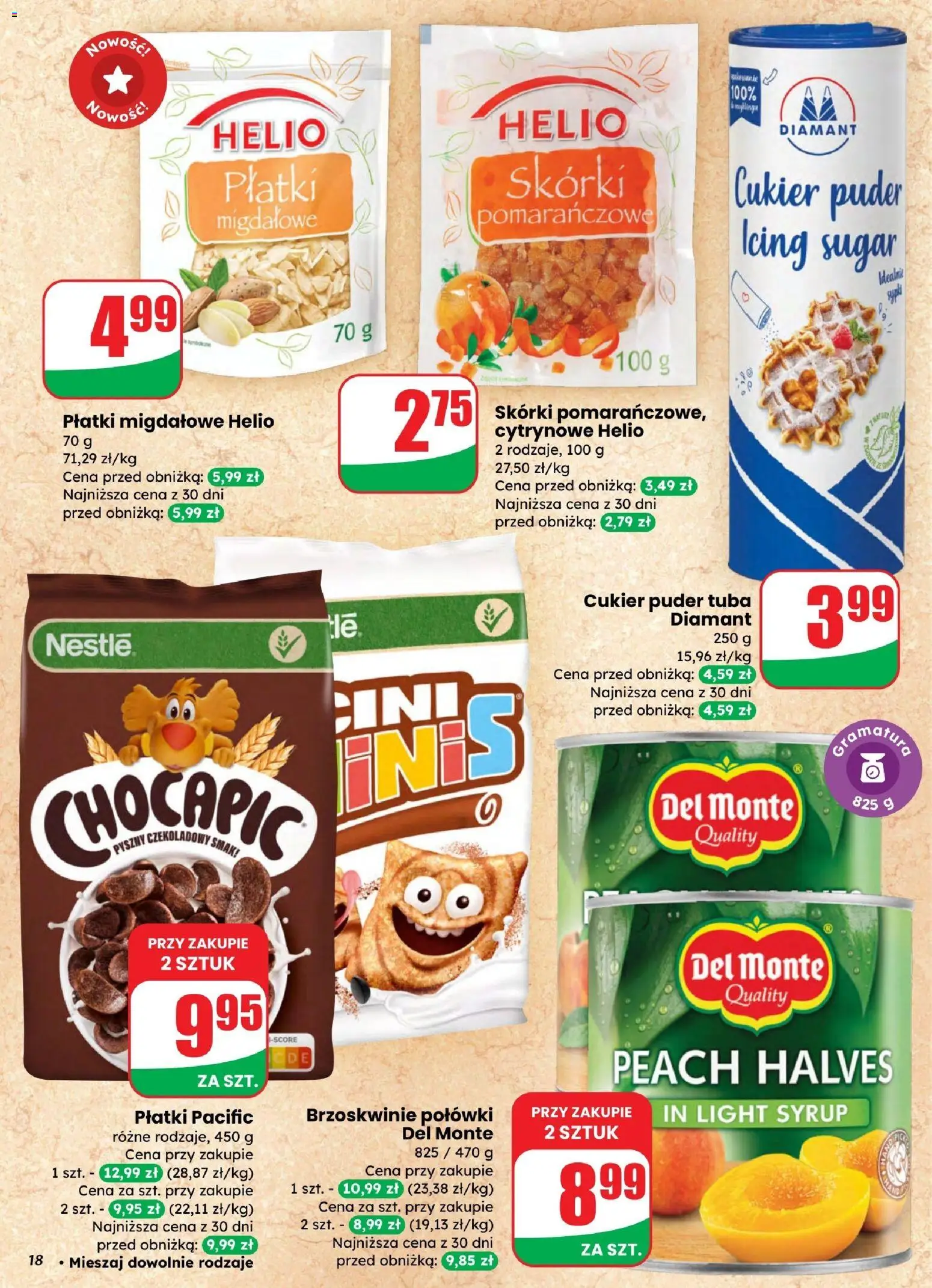 Dino gazetka od 25.03.2026 | Strona: 18 | Produkty: Cukier puder, Brzoskwinie, Płatki, Cukier